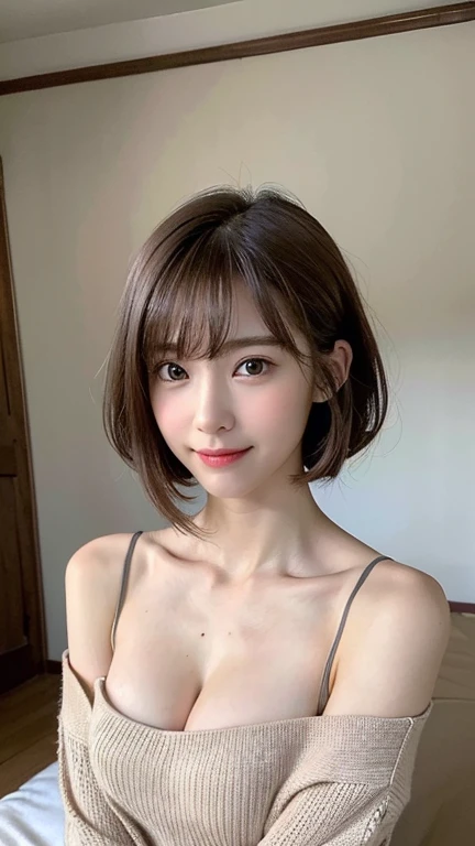 ((top quality, 8k, masterpiece:1.3)), detailed Woman:1.3, ( Brown bob short hair:1.4), (Natural bangs:1.2), beautiful small breasts:1.2), Tight knitting:1.1, Ultra detailed, detailed, eyelid