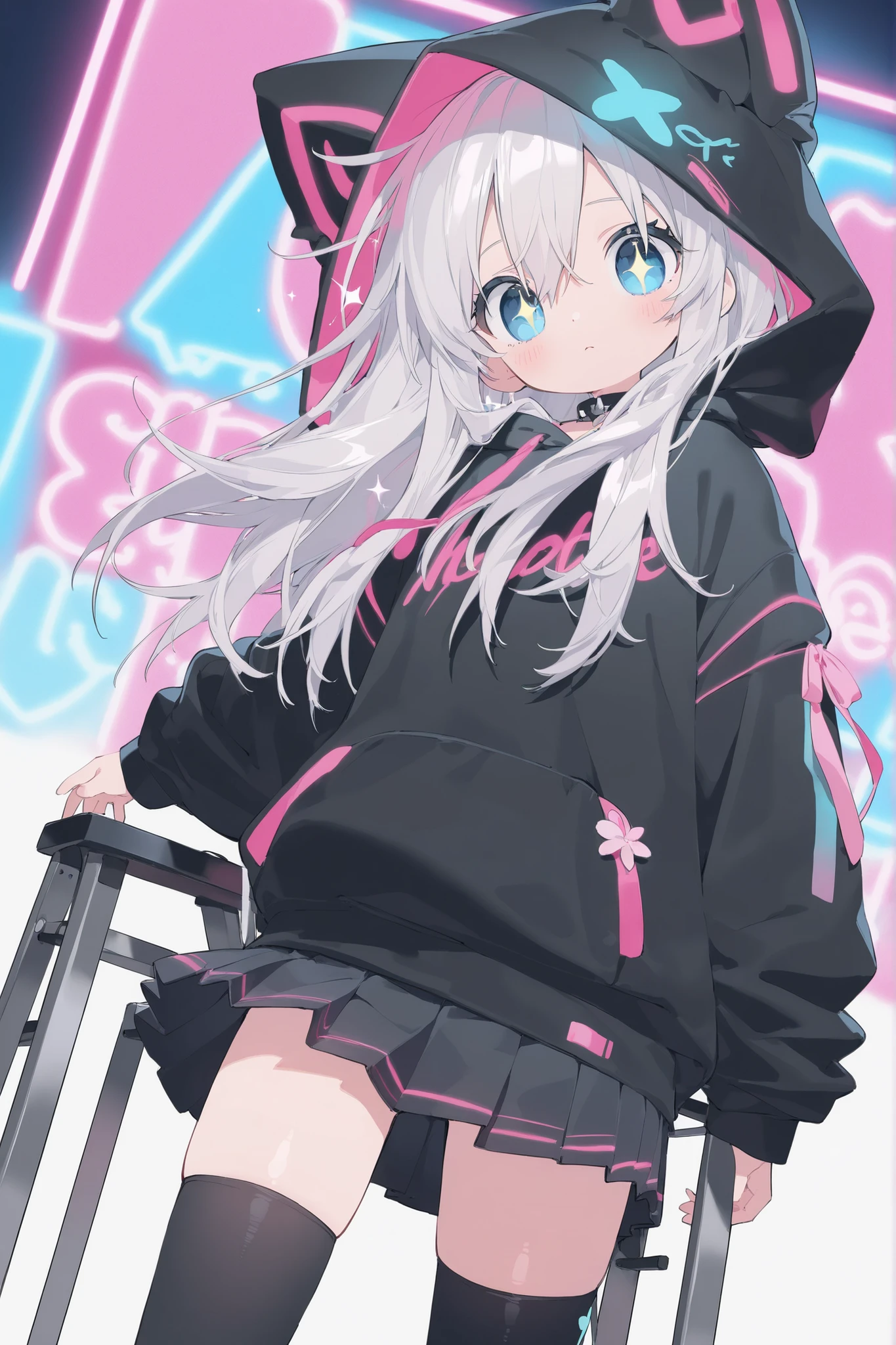 Highest image quality、top quality、8k、Highly Detailed CG、dynamic angle、cowboy shot、Neon Light Sparkling Cyber Nightclub、standing on a stepladder、see here、Beautiful girl,1 cute girl、 Silver Hair、blue eyes、shy、cute accessory、black hoodie、I'm wearing a hoodie hood、Highlight healthy thighs、Very short black pleated mini skirt、black thigh high stockings、Stylish punky clothes、