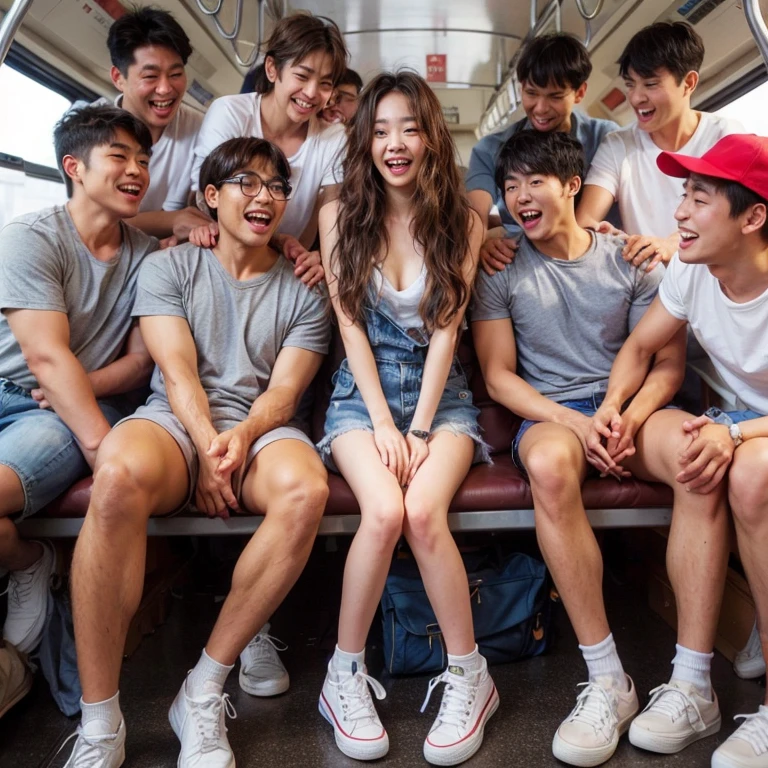 a beautiful young korean slightly chubby girl is having a summer picnic with a bus full of male passengers, the girl is wearing white clothes off shoulder, wearing light pink lace-trimmed shorts and white sneakers with medium messy wavy hair, standing among the black men. the black men on the bus are seen trying to hold the girl and joking around, the girl is seen cry screaming because she feels tickled by the hands of the black men on the bus. they look happy and excited.