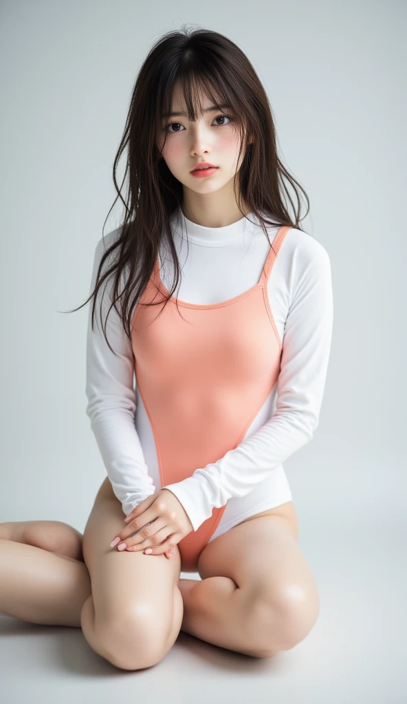 dal, (photorealistic:1.5), (extremely intricate:1.2),  (8k:1.27), (ultra highres:1.2), film grain, 1girl, blush, braid, breasts, brown_eyes, covered_navel, embarrassed, flat_chest, flower, flying_sweatdrops, frilled_swimsuit, frills, full_body, hair_ornament, hat, hat_flower, hat_tug, hibiscus, jacket, jacket_over_swimsuit, knees_together_feet_apart, light_brown_hair, long_hair, long_sleeves, looking_away, one-piece_swimsuit, open_mouth, orange_eyes, sandals, short_hair, simple_background, small_breasts, solo, standing, swimsuit, twin_braids, white_background, white_swimsuit