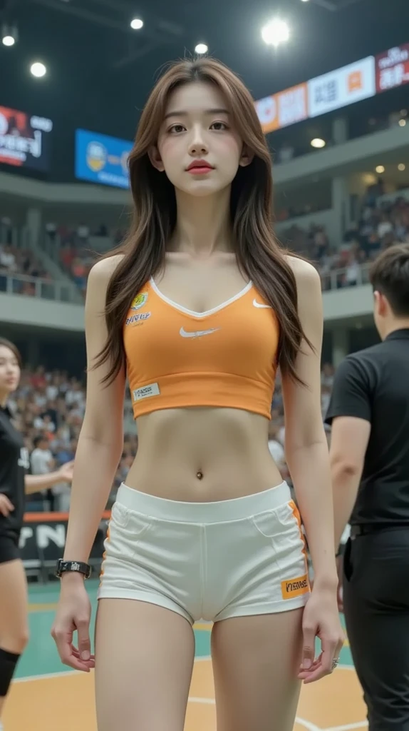 (The highest image quality:1.35), High quality, Realistic Photos, (One beautiful woman:1.33), Beautiful expression, (A detailed eye:1.3), (A detailed face:1.3), smil, (Lustrous hair:1.2), (muscular body:1.2), Super Detail, High resolution, Sporty physique, (Large breasts:1.25), (Shorthair:1.2), (Beautiful woman), (Cute navel:1.2),  (Depth of field f/1.8:1.45), Sharp Focus, Raw photo, (orange bloomers for sprinters:1.45), (orange sports bra for sprinters:1.4), (orange track and field bloomers:1.4), (orange athletic sports bra:1.4), (Open your arms:1.4), (Strong thighs:1.5), (Turn your face to the front:1.25), (cowboy  shot:1.4), (Athletics stadium at night:1.4), (dark sky:1.5),
