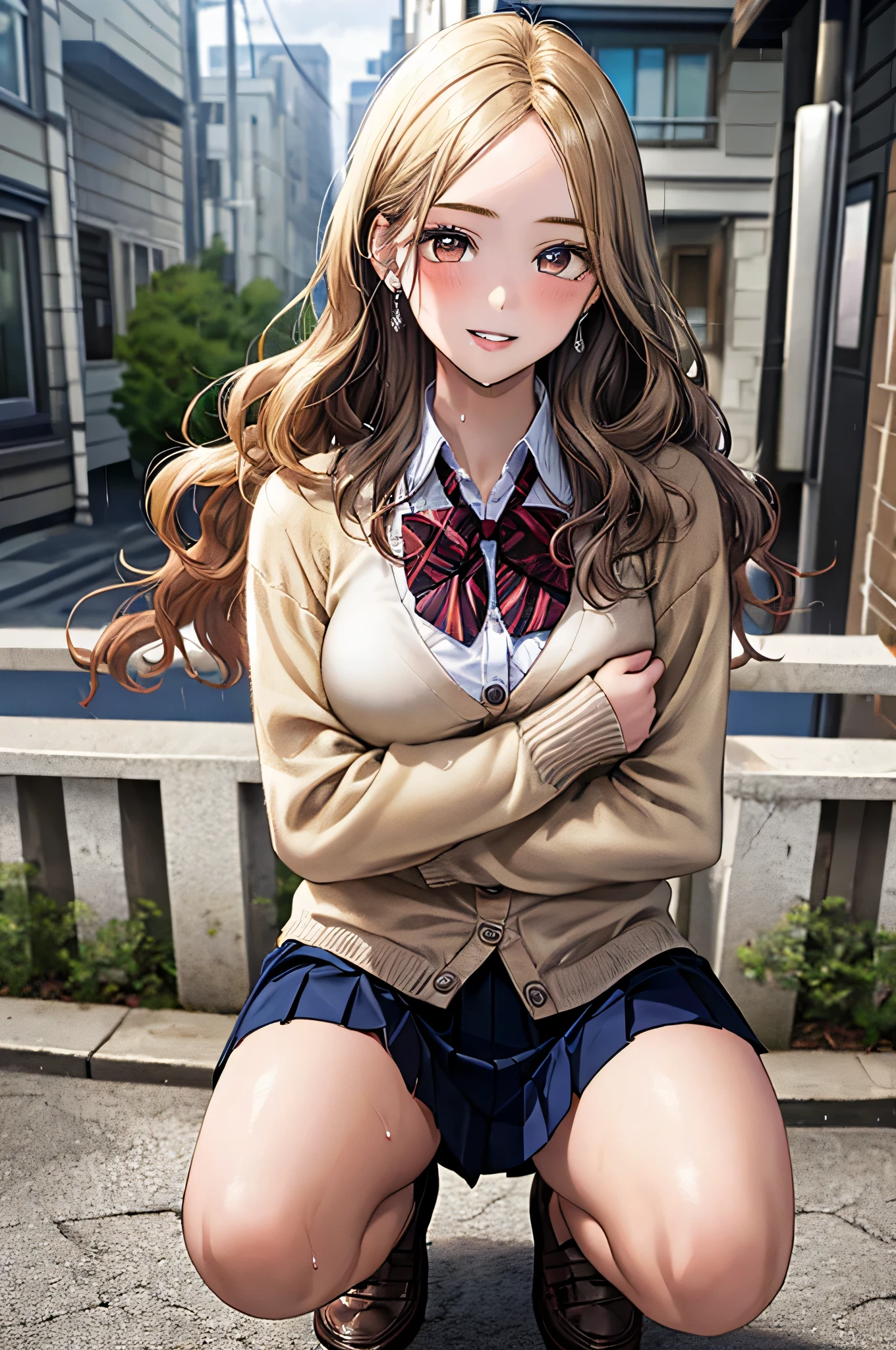 (masterpiece:1.2, top-quality), (realistic, photorealistic:1.4), beautiful illustration, NSFW, 
looking at viewer, cowboy shot, front view:0.8, 
1 girl, japanese, high school girl, light brown hair, (long hair:1.8), (side ponytail:1.7), bangs, hair between eye, blue eyes, large breasts:0.8, (thick thighs), 
beautiful hair, beautiful face, beautiful detailed eyes, beautiful clavicle, beautiful body, beautiful chest, beautiful thigh, beautiful legs, beautiful fingers, 
(beautiful scenery), evening, bright and refreshing outdoors, stairs, squatting,
((red blazer, pleated mini skirt, white socks, red private school uniform:1.2, light blown cardigan, red plaid pleated skirt, red plaid bow tie, red plaid hair ribbon)), pink panties, 
(swollen), ((seductive posture: 1.2, attractiveness: 1.2)), 
(erotic, sexy, upper eyes, smile), shiny skin, 
perfect face, cute and symmetrical face, natural side lighting, movie lighting),