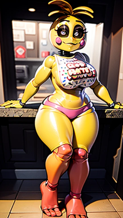 Toy Chica Lora Five Nights at Freddy Love Tast sexy Robot, Super huge big breasts breast enlargement Eating pizza in a one-seat restaurant blushing full body shot