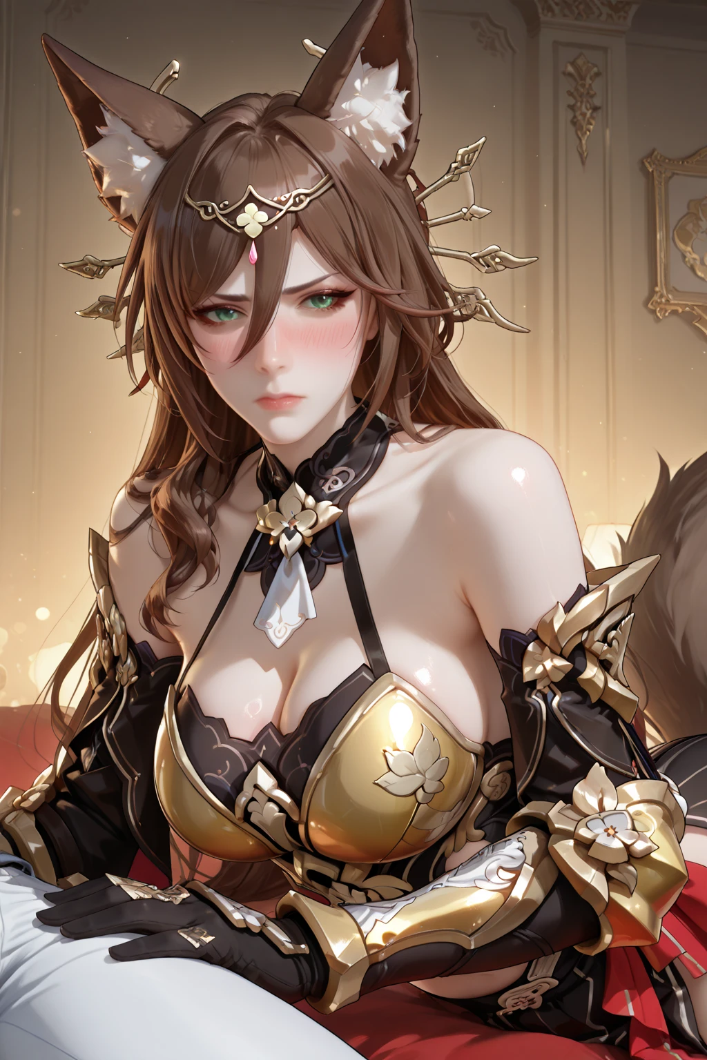 Closet up sexy and seductive Thai woman with short brown hair, large breasts set body wearing tiger armor with golden gloves mystic flaming anime style) (anime art style, high quality picture --auto --s2