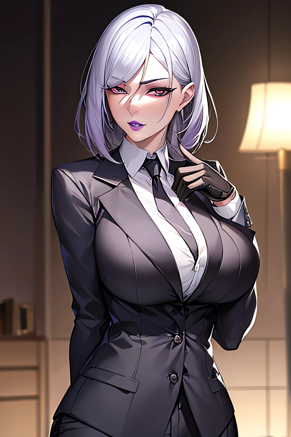 ((blood droplets)), ((blood)), ((blood splatter)), ((blood on clothes)), ((blood stain)), Masterpiece, Beautiful art, professional artist, 8k, detailed body, Very detailed face, very detailed eyes, Detailed clothing, detailed fabric, Best Quality, better resolution, 1 girl, bronya zaychik \(Honkai Impact 3rd\), front view, standing, big breasts, serious expression, At night , short silver hair, glasses, choker:1.6, (white collar button down long sleeve shirt), (shiny black corset), black gloves that cover your hands, (shiny black leggings), looking at the viewer, elegant room, At night