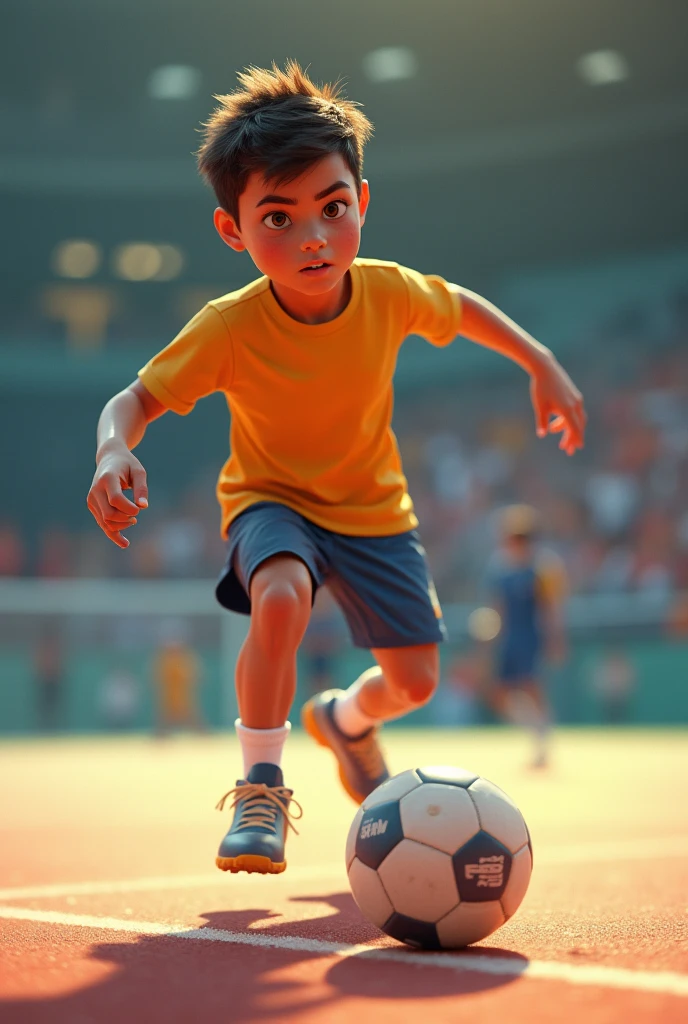 A teenage boy of about kicking a ball. He is on a futsal court well lit by white neon lights.. The court floor is orange with yellow lines. Your skin is brown and your hair is brown, smooth and short. His shirt is lime green with thick horizontal stripes in avocado green., that cross the entire shirt. His shorts are navy blue and his socks are halfway up his shin and are completely white.. He wears black futsal shoes.