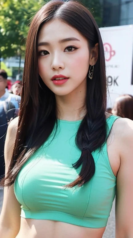 arafed asian woman in a skirt and shirt posing for a picture, japanese goddess, oppai, big breasts, giant stunning goddess shot, sfw huge breasts, big breasts!, big breasts!!, with a large breasts, with large breasts, cleavage, really large bust, a hyperrealistic , hyperrealistic , busty, oppai proportions
