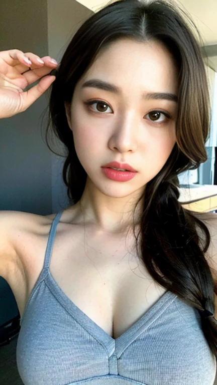 um close up de uma mulher com um rabo de cavalo em uma regata branca, beautiful  Asian, características Asians, deusa japonesa, lindo rosto de garotas japonesas, 18 anos de idade,  Asian, beautiful chinese model, Asian beautiful face, linda mulher sul-coreana, uma mulher Asian,  coreana, Japanese model, cara ultra bonita, mulheres Asians, asian face, linda mulher Asian