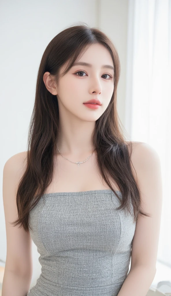 8k wallpaper, top-quality, masterpiece, realisitic, Photorealsitic, ultra-detailliert, highly detailed CG unit 8k wallpaper, Model style, RAW photo of a 29-year-old woman, (((Color photography))), 1girl in, ((Facing the front)), Upper body photo, small bust with good shape, (Vermilion lips), Detailed clavicle, face perfect, straight haired,