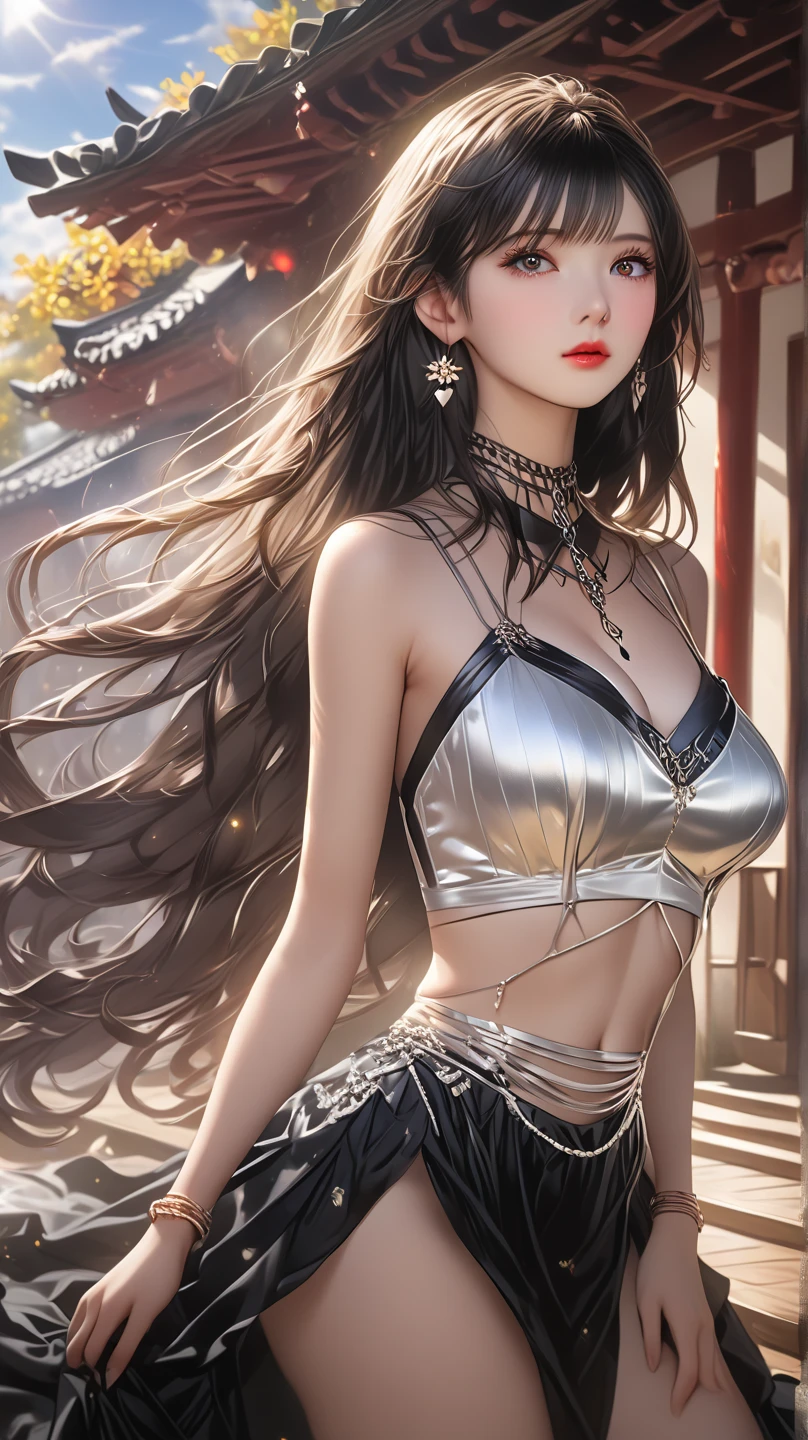 ((masterpiece,Highest image quality, High resolution, photorealistic, Raw photo, 8K)), Ultra Wide Angle,(soft make-up),(smile:1.5), Colored inner hair, Long gray hair:1.5, (Long unkempt hair:1.3), Complex hairstyles, complex eyes, Beautiful and delicate eyes, symmetric eye,(spider lower abdomen, Willow waist, athletic body build, beautiful legs, Detailed body), Cute big breasts,(dynamicposes:1.0), sharp focus, Embarrassing,(Located in the center, Scale to fit the dimensions, the rule of thirds), particularly eye-catching, during the night, star night, kosmos, artsy photography, Focus sharp, (realistic artwork),(extremely detailed's CG unified 8k wallpapers),((Synthetic wave background theme)),(((vibrant with colors))), intricate,(intricate background), It's a perfect face, Perfect facial detail, Realistic face, ((Masterpiece, high quality, best quality, 8K, wallpaper, thin line, high detailed, ridiculous), 1 girl, Korean pop star, high thigh, mini skirt, top of the net, long black hair, beautiful ones, beautiful ones, beautiful ones, beautiful ones, beautiful ones, beautiful ones, beautiful ones Hand, cameltoe, curly hair, curly hair
