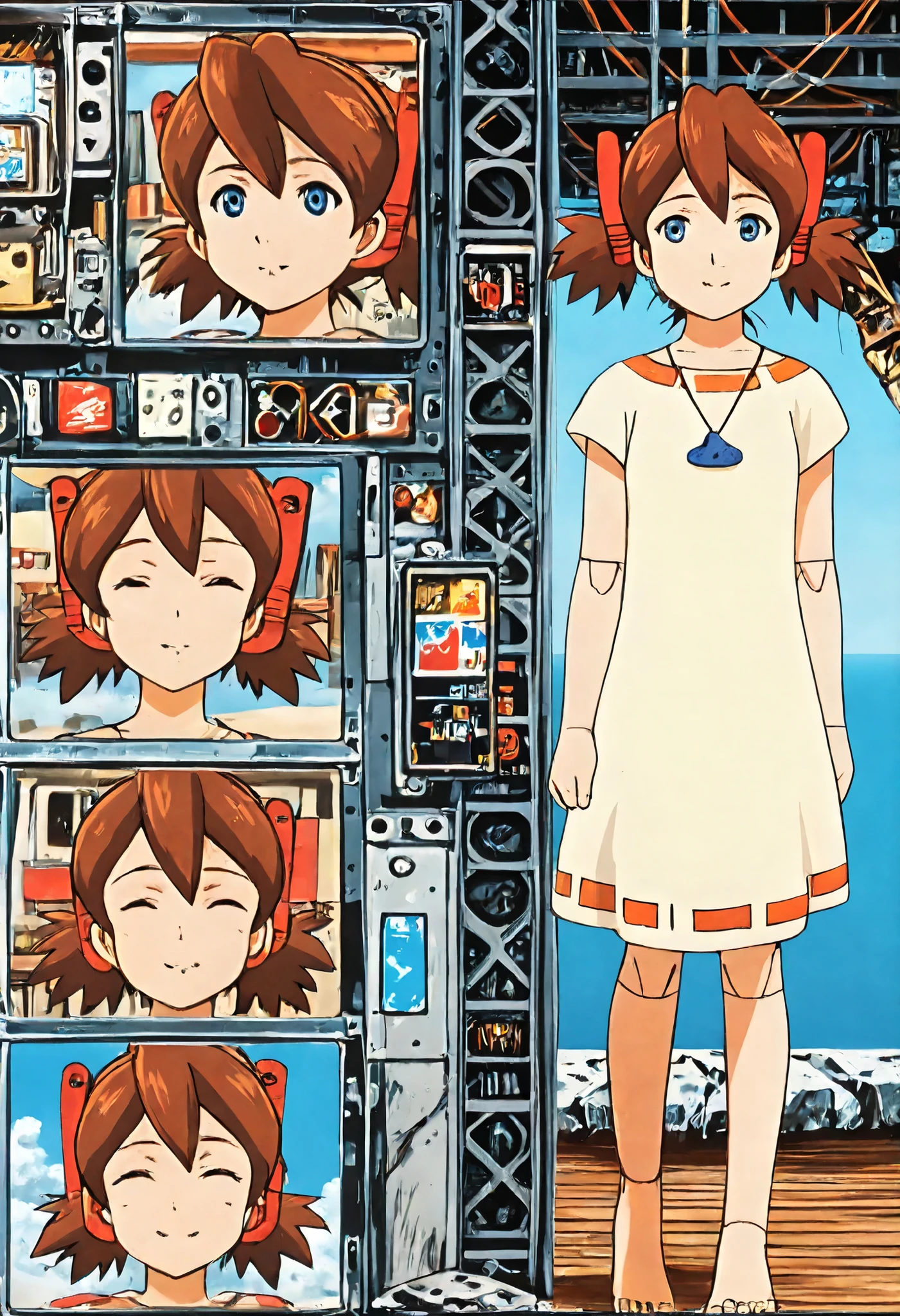 A mechanical robot lady is very short pigtails, brown hair, Hair tie with two red big crimson red clothespins, android, blue eyes, anime picture. angle from directly side view. barefoot. she is in beach. She wares nothing even artificial skin. She closes eyes. She smiles and enjoys relax time. slightly parted mouth. Extreme close-up of navel.