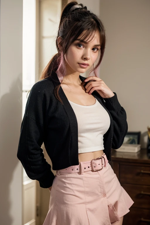(RAW Photos, Highest quality), (Realistic, photo-Realistic:1.3), masterpiece, Very delicate and beautiful, Very detailed, CG, Unity , 2k wallpaper, wonderful, In detail, A light smile, Very detailed CG Unity 8k wallpaper, Large file size, Super detailed, High resolution, Absurd, Soft Light, (((Medium Hair:1.3), Short bangs, Pink Hair, Floating Hair NovaFrogStyle)), Beautiful detailed girl, Detailed fingers, Very detailed eyes and face, Beautifully detailed nose, Beautiful attention to detail, Long eyelashes, Light on the face, View your viewers, (Mouth closed:1.2), One girl, cute, young, Adult face, (whole body:1.3), ((Small breasts)), Realistic face, Realistic body, Beautiful thigh details, (Urzan-6500-v1.1:0.8), suit, Cross-strap clothing, Collared shirt, Open clothes, At work, Details Office, Open cardigan, Black knee socks, mini skirt, Black underwear, Unbuttoned shirt,
