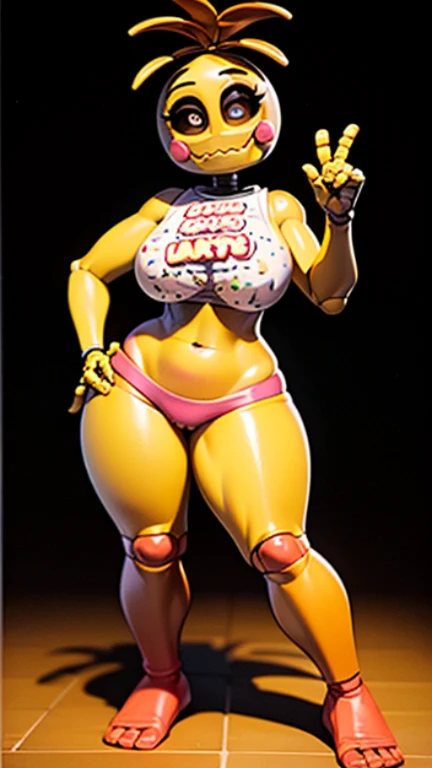 Full body image of Chica from Five Nights at Freddy's, full body in image, wearing her original outfit (yellow animatronic with a bib that says 'Let's Eat!', and orange feet), short hair-like feathers, female animatronic body, dynamic pose, detailed pose, simple background, expressive face showing a menacing look, focus on face, line art, sketch