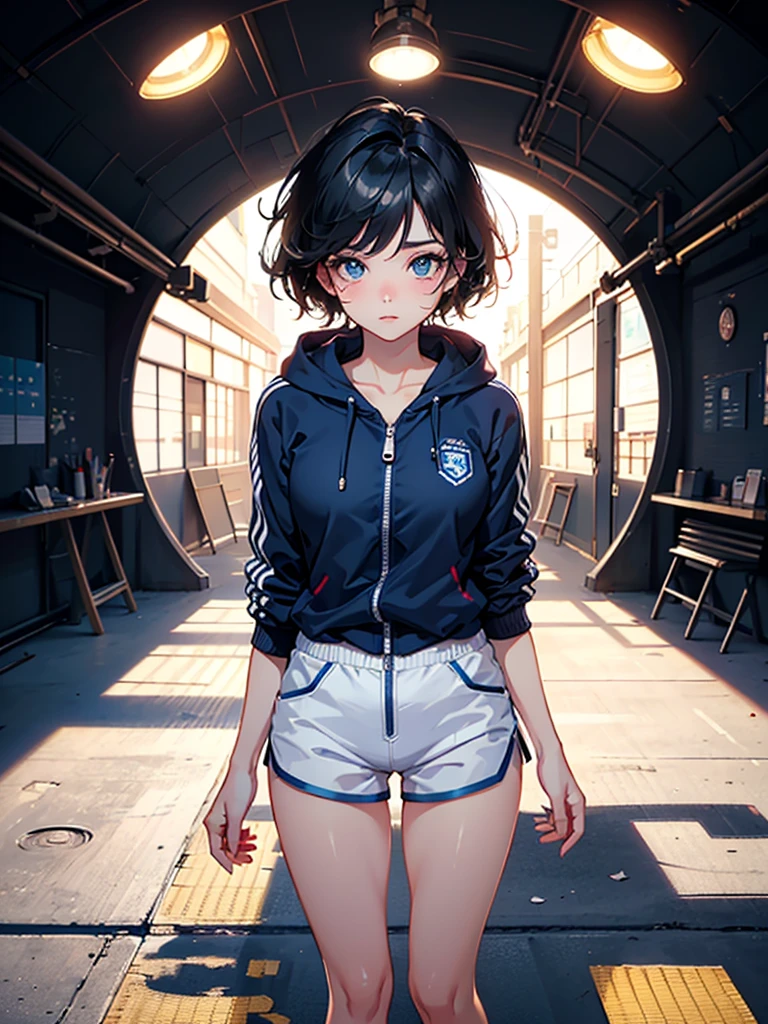 ultra-absurdres-Top quality by artist God, ultra-detailed, high resolution, anime moe artstyle, best anime 8k konachan wallpaper, pixiv contest winner, pool:2810, perfect anatomy,break, 1girl, (Please draw a girl sitting sleepily on bed. )break,(Solo,little female, 13-year-old:1.3),Full limbs, complete fingers,a junior high school student, (very short hair), short cut, Soft flat chest,groin, small butt, small black eyes, beautiful detailed eyes, well-proportioned iris and pupils, expressive eyes, highres detailed hair, sweat, soft expression, gym uniform, gym shorts, Soft thighs,(Detailed Lighting), (Detailed background), in the bedroom. break,super detailed skin, shiny skin, Best sexuall lighting powered by famous artist, 8k,beauty illustration,photoshop_(medium),very aesthetic,break,((artist:fujima_takuya )), artist:clamp ,artist:carnelian ,artist:kantoku ,