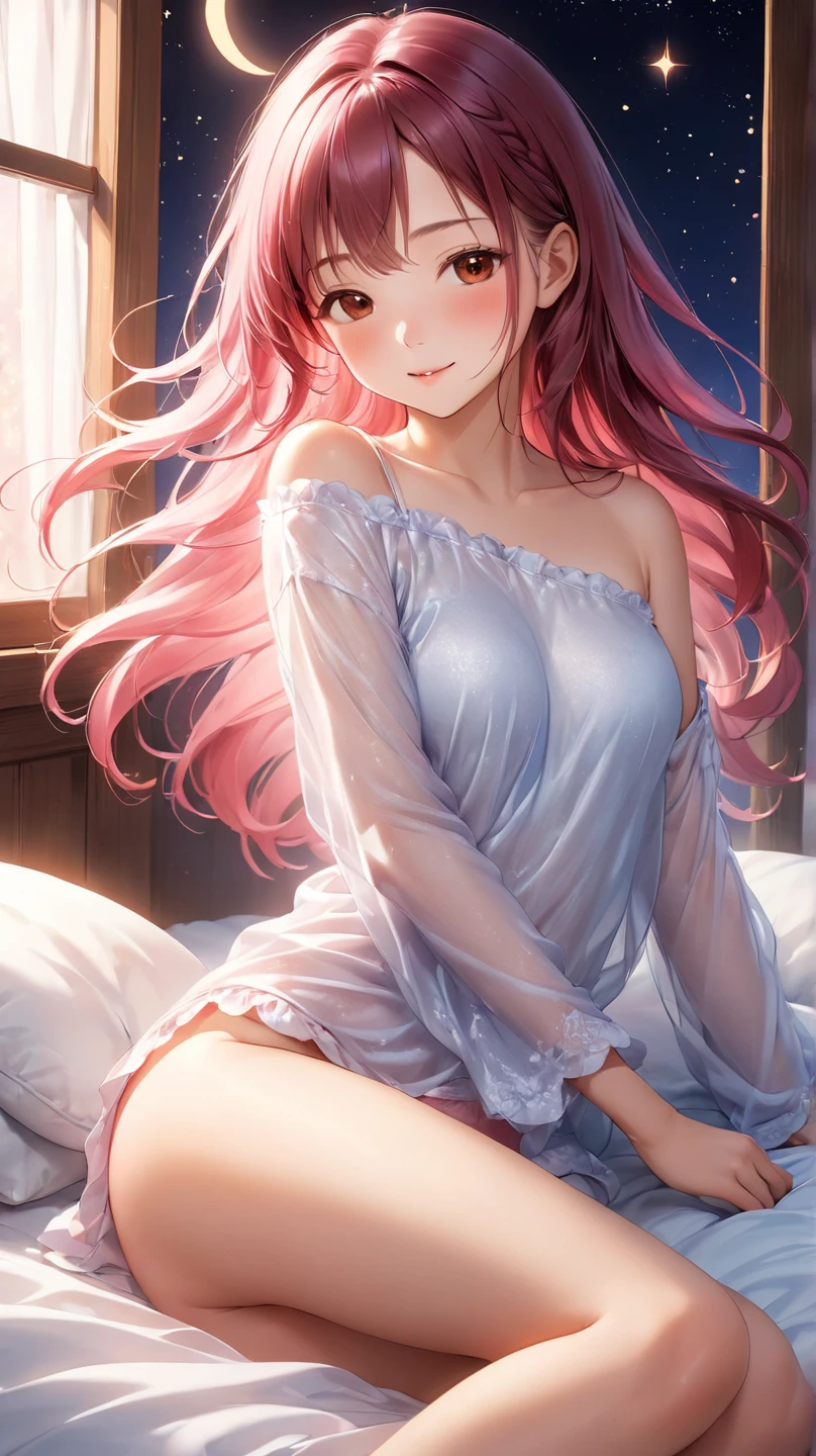 ((8k, Highest quality, masterpiece: 1.3)),Ultra-high resolution,(1 girl, alone), (Color changing eyes, Ultra-detailed, Expressive brilliance, Glitter, Glowing Eyes), Highly detailed eyes, Highly detailed face, Random Hair, ((pastel colour))In her softly lit bedroom, she lies on her back on the bed with her long, flowing auburn hair spread out on the pillows. Her hands gently rest on her chest, lightly touching the fabric of her bikini top. Her expression is one of playful innocence, with a hint of curiosity as she gazes upward, lost in thought. The angle captures her from above, focusing on the delicate movement of her hands and the subtle rise and fall of her breath.