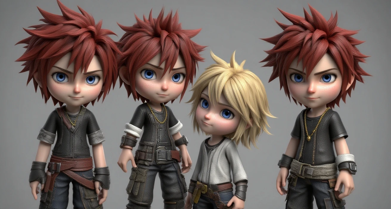 There are three different poses of a boy with blue hair wearing black and red cap, high detail iconic character, stylized 3D render, stylized character, stylized 3D, stylized anime, stylized character design, 3D characters, 3D stylized anime, stylized 3D rendering, 3D character rendering, highly detailed character, very stylized character design, 3D character art