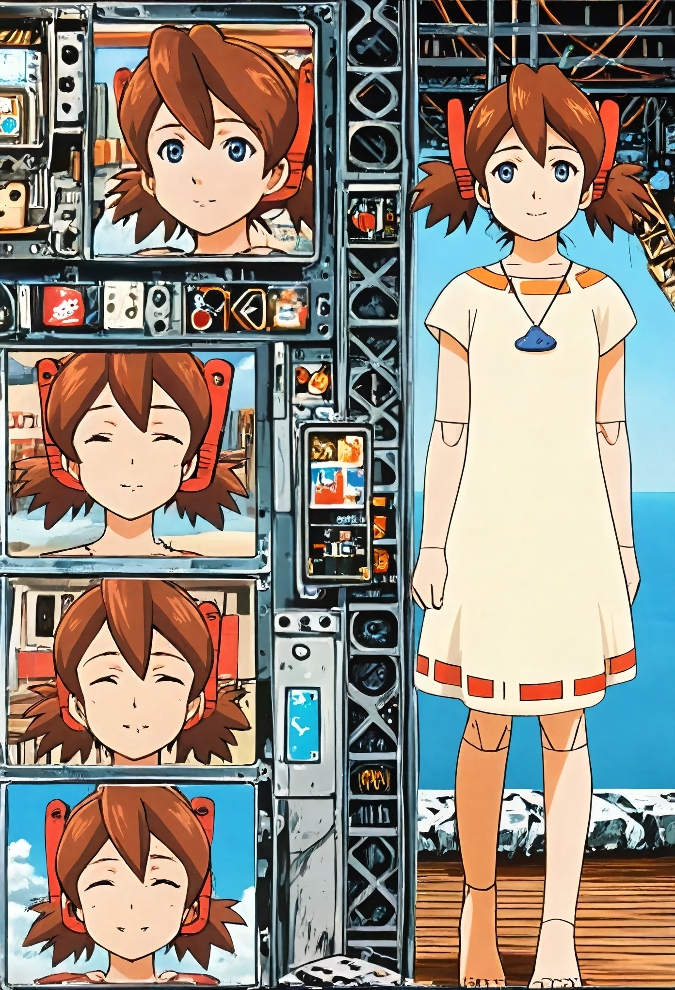 A mechanical robot lady is very short pigtails, brown hair, Hair tie with two red big crimson red clothespins, android, blue eyes, anime picture. angle from directly side view. barefoot. she is in beach. She wares nothing even artificial skin. She closes eyes. She smiles and enjoys relax time. slightly parted mouth. Extreme close-up of navel.