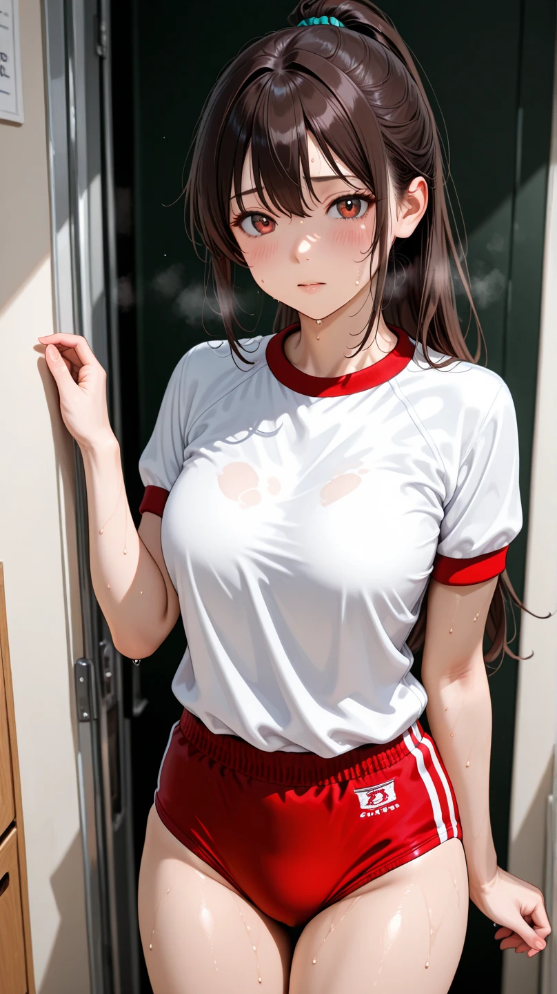 1lady solo, (looking up) from above, /(volleyball uniform/), /(dark brown hair/) bangs, blush light smile, (masterpiece best quality:1.2) delicate illustration ultra-detailed, large breasts, (arms behind back) BREAK /(indoor stadium hallway/) indoors