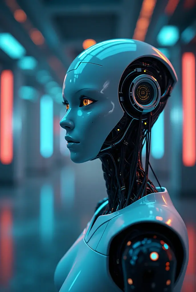 create image for Instagram with headphones, Robot, blue people, yellow and black