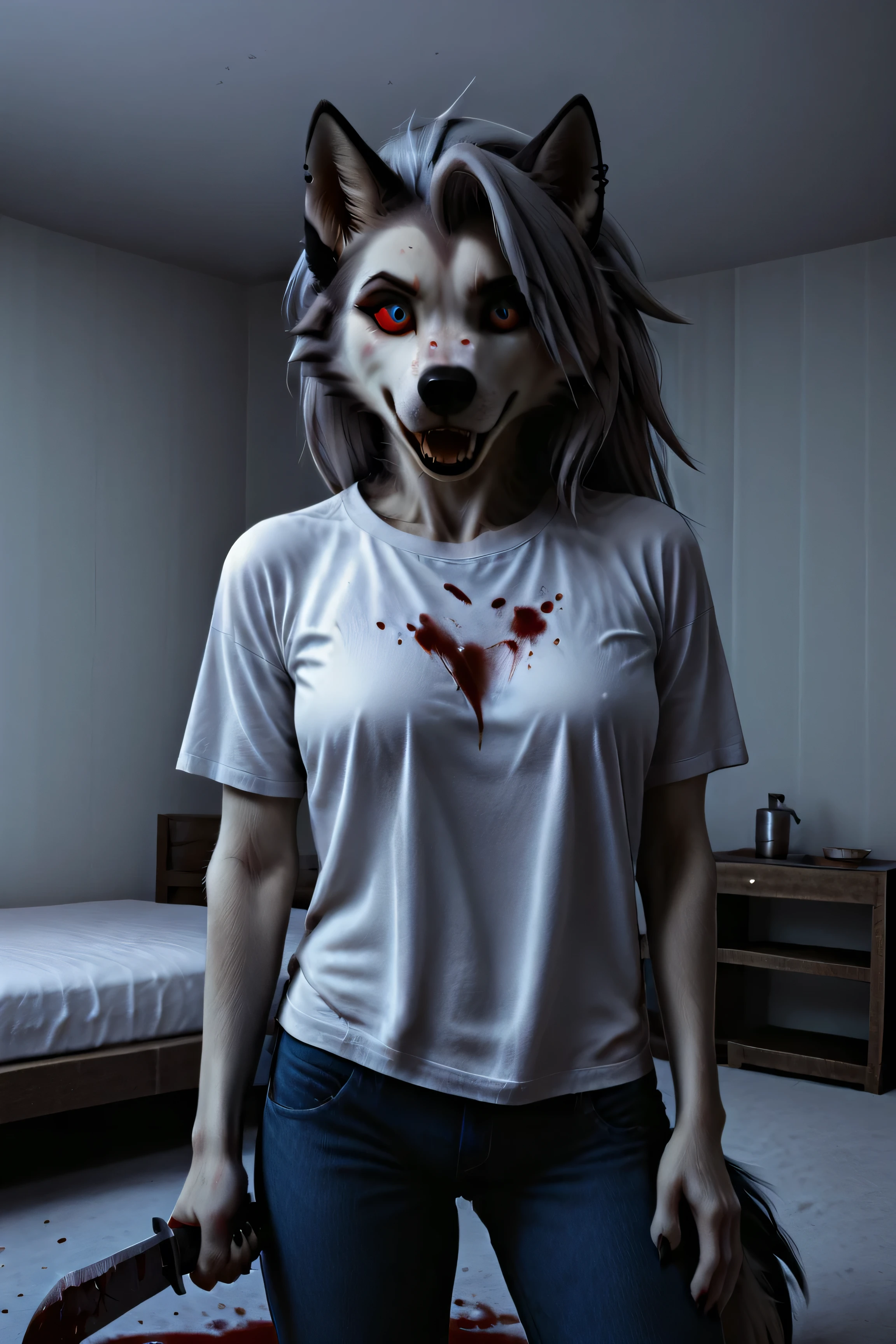 Loona, furry, fluffy tail, solo, t-shirt, jeans, stands in the center of the room, bloody knife in her hand, front view, high-range shot, ultrahigh details, ultra-realistic photo, two-tone fur, gray fur, anthro, wolf girl, animal nose, wolf tail, red sclera, white iris, canine teeth, bangs, absurd res, detailed skin, detailed hair, extremely detailed, sharp focus, sharp details, 8k, ruanyi0716, bed, blood,