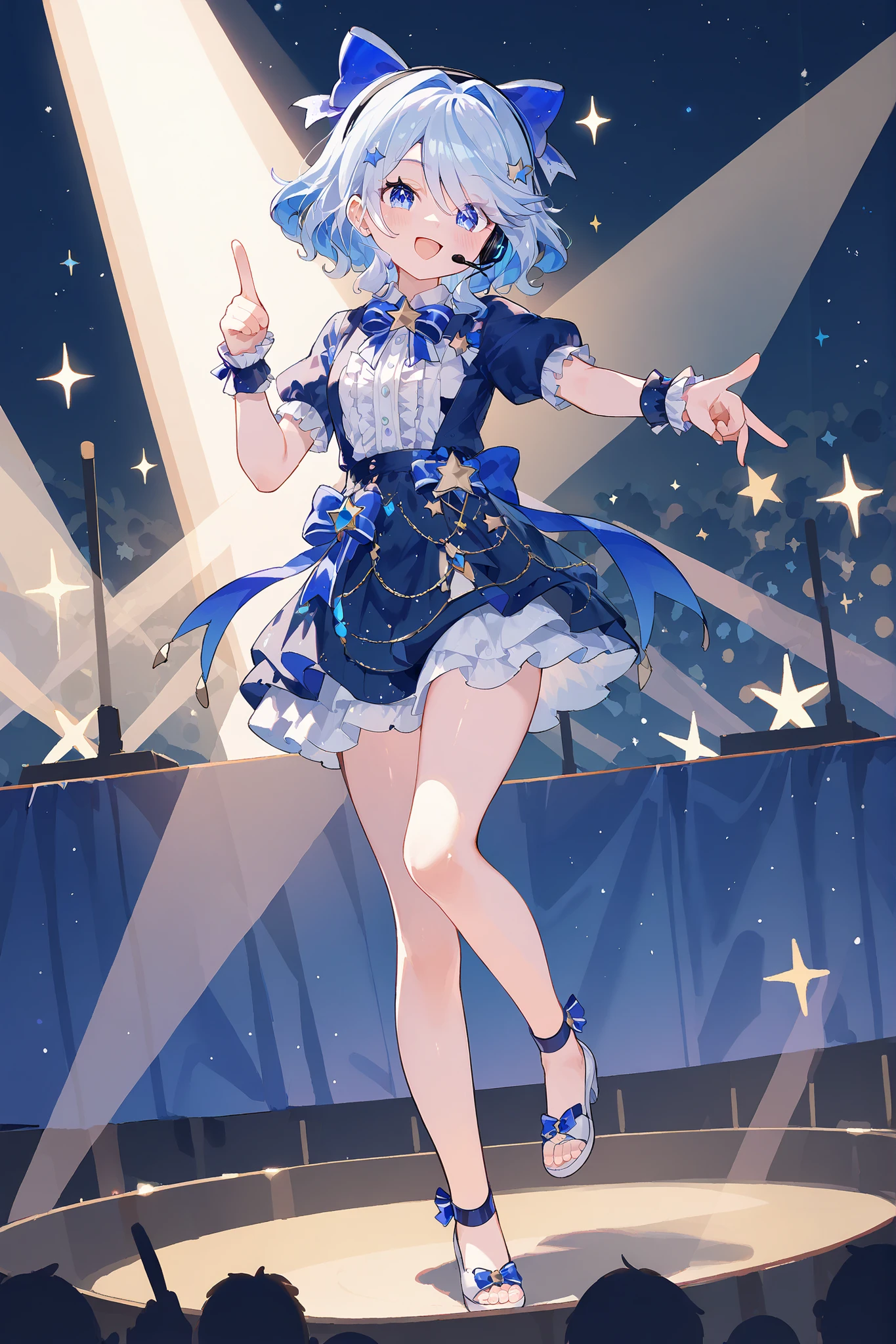 (score_9,score_8_up,score_7_up),1girl,full body,blue eyes,solo blue_hair, solo, blue_eyes, star_(symbol), smile, looking_at_viewer, open_mouth, skirt, short_sleeves, stage, idol, headset, hand_on_hip, bow, pointing, index_finger_raised, blue_skirt, stage_lights, wrist_cuffs, ribbon, blush, hair_ornament, hair_ribbon, asymmetrical_hair, frills, medium_hairgood feet,eyes visible through hair,parted lips,anime,NSFW,expressive,very beautiful,moody lighting,ultra hd 32k,masterpiece,toes,cute face,