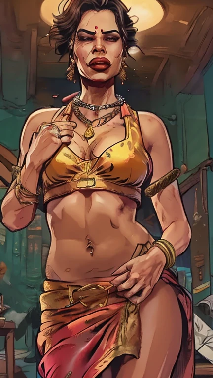 ((Masterpiece, 4k, plain background:1.2)) (handuffed behind her back)) Cammy White Street Fighter full body standing straight symmetrical, standing chained pole bondage sex slave, yellow tiger bikini print
