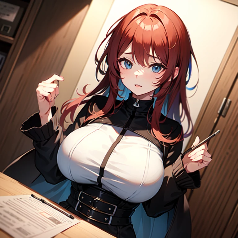 Adult woman, Long brown hair, hair in a bun, Cyan eyes, dragon horns, black tight pants, Black tight top, White leather jacket, ssmile, Masterpiece, hiquality