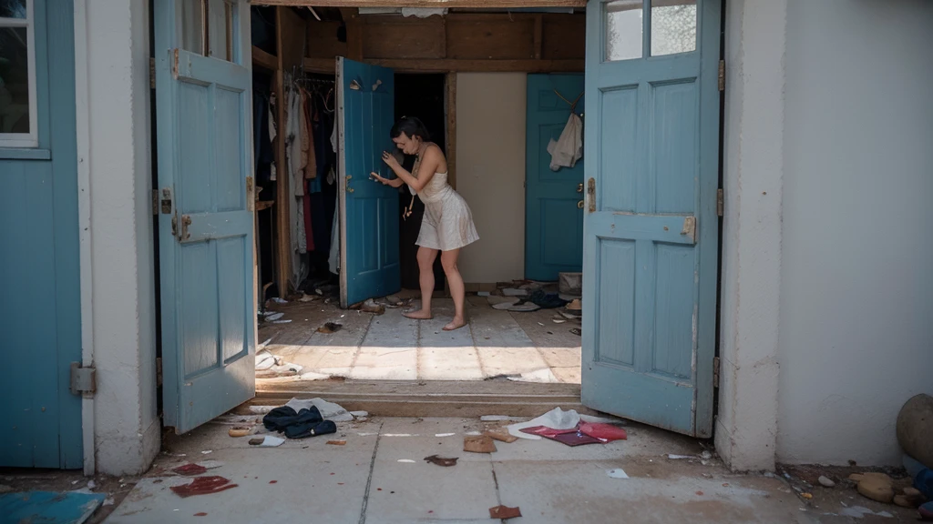 tmasterpiece,abandoned building,Garbage all over the ground,grimy,full-body portraits,Sexy standing pose,Slim legs,very beautiful long slim legs,The barefoot,Naked all over the body,full body exposed,exhibitionists,The body is exposed randomly