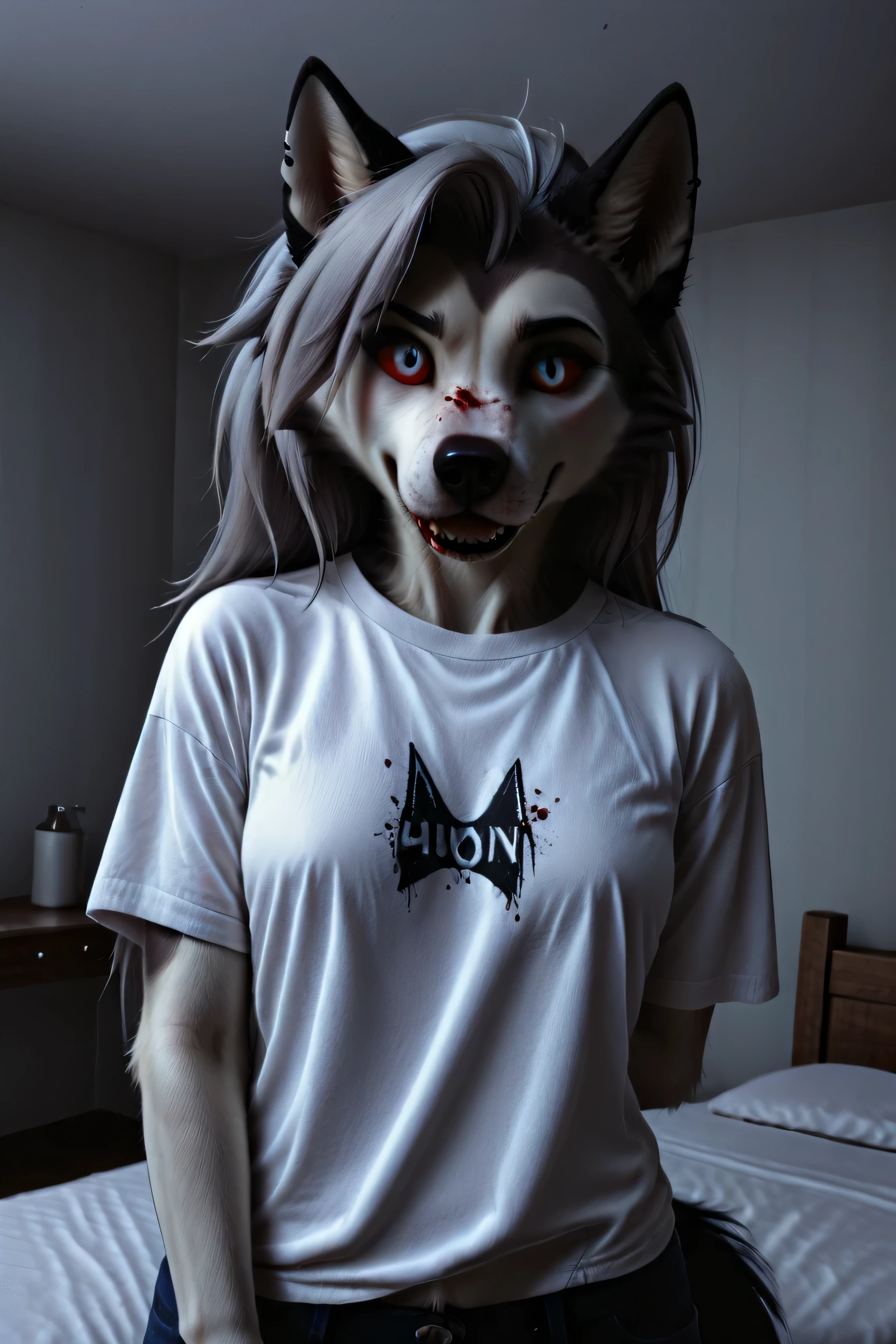 Loona, furry, fluffy tail, solo, t-shirt, jeans, stands in the center of the room, bloody knife in her hand, front view, superhigh-range shot, ultrahigh details, ultra-realistic photo, two-tone fur, gray fur, anthro, wolf girl, animal nose, wolf tail, red sclera, white iris, canine teeth, bangs, absurd res, detailed skin, detailed hair, extremely detailed, sharp focus, sharp details, 8k, ruanyi0716, bed, blood,