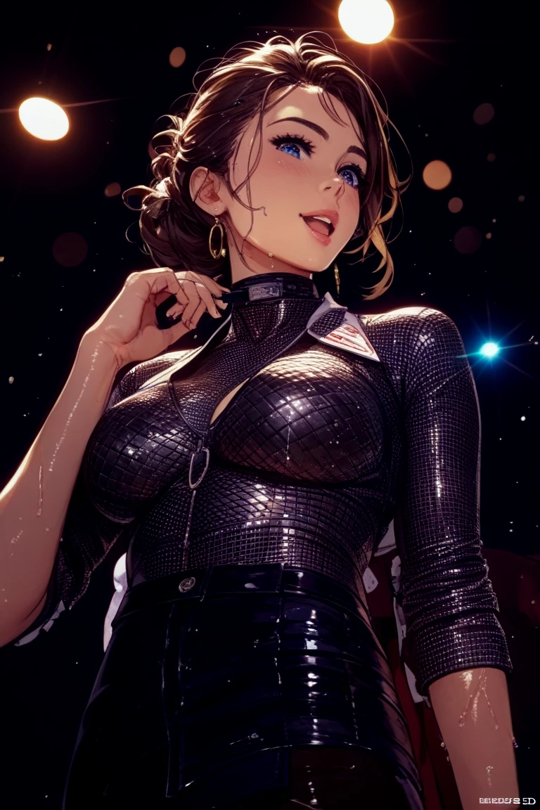 vector image, vibrant colours, smooth gradation, best quality, masterpiece, absurdres, ((isolated)), (deep dark black background), (detailed face and eyes:1.2), laughing, detailed beautiful eyes, eyelashes, glossy full lips, sensual, volumetric lights, sparkling lights, medium shot, half body shot, busty, full cleavage, curvaceous, Unimaginably beautiful girl, enchanting, glistening skin, bare shoulder, off shoulder