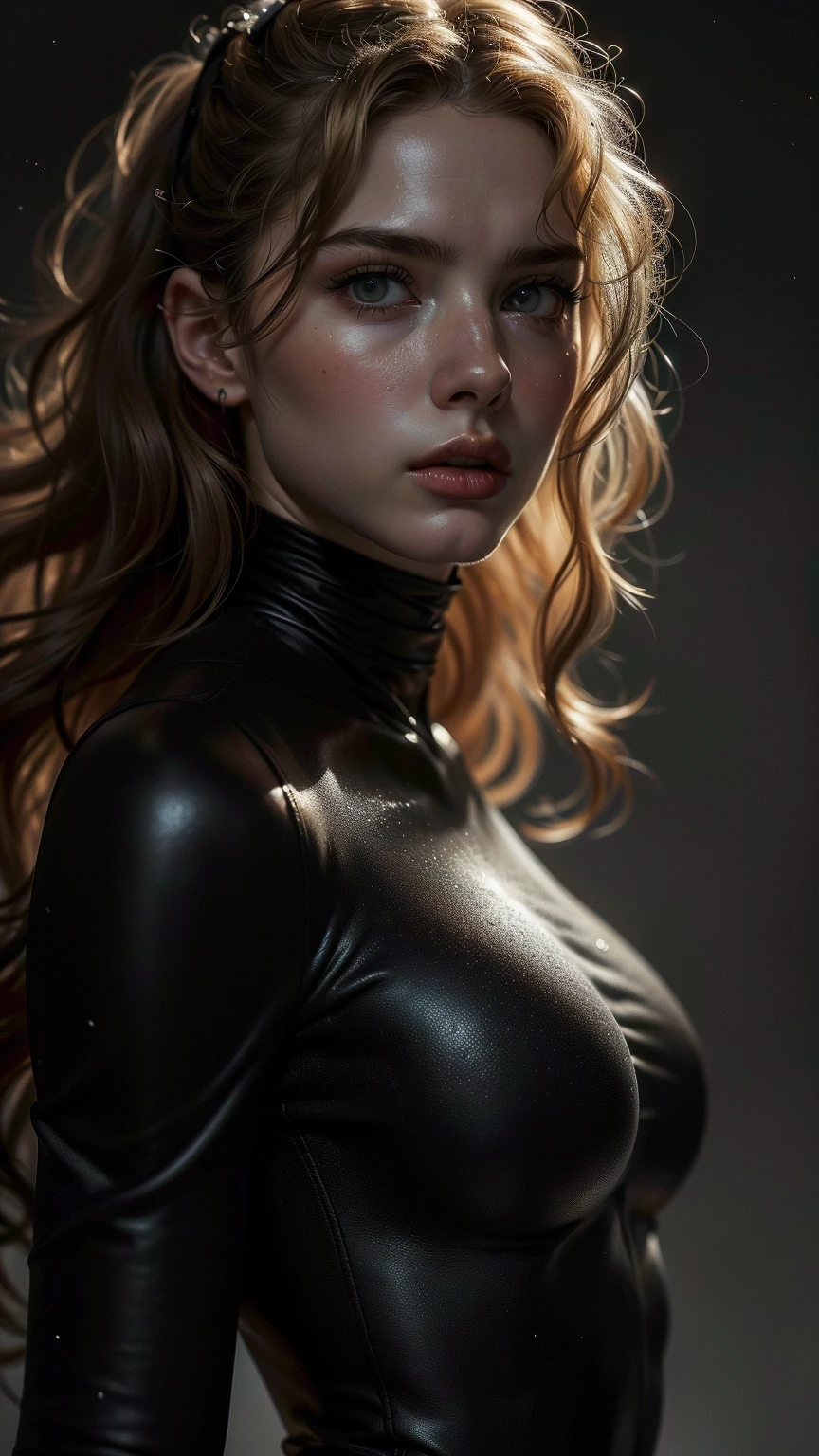 a dominatrix woman, beautiful detailed eyes, beautiful detailed lips, extremely detailed face, long eyelashes, slim body, very big and round breasts, wearing black latex lingerie, black over-the-knee boots, looking seductively at the camera, chiaroscuro lighting, dramatic contrast, moody and sensual atmosphere, ultra-detailed, realistic, photorealistic, 4k, high quality, masterpiece