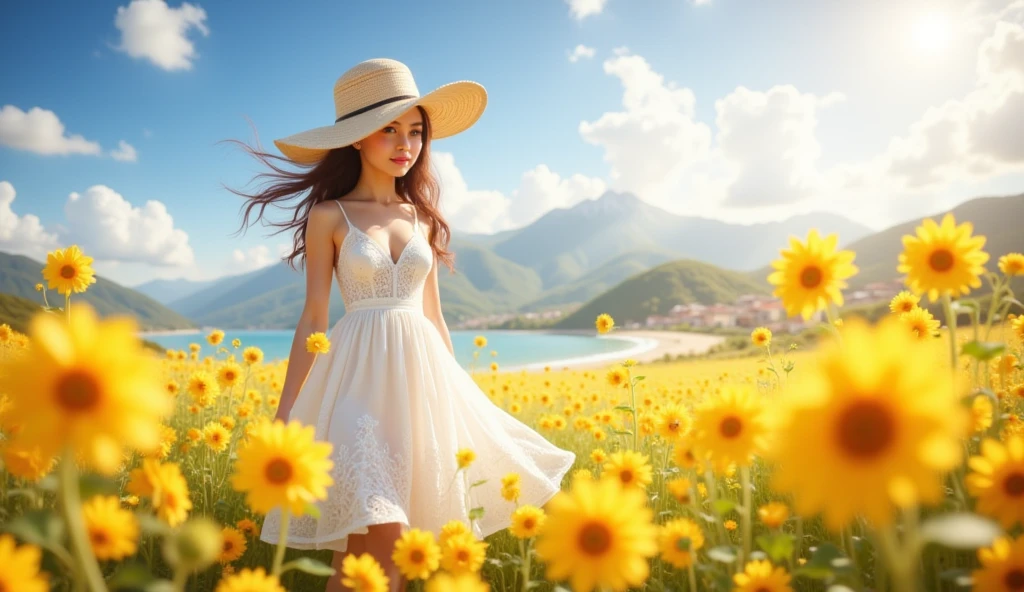 cute very pale chinese 28 year old woman standing in sea of tulips wearing a white skimpy halter dress revealing back, wearing heeled sandals, subtle smile, tall and slim, long wavy hair, wearing sunglasses, wearing a wide beige sun hat, standing in flower field, holding tulips and smelling them, dreamy expression, flower sea, only one person
