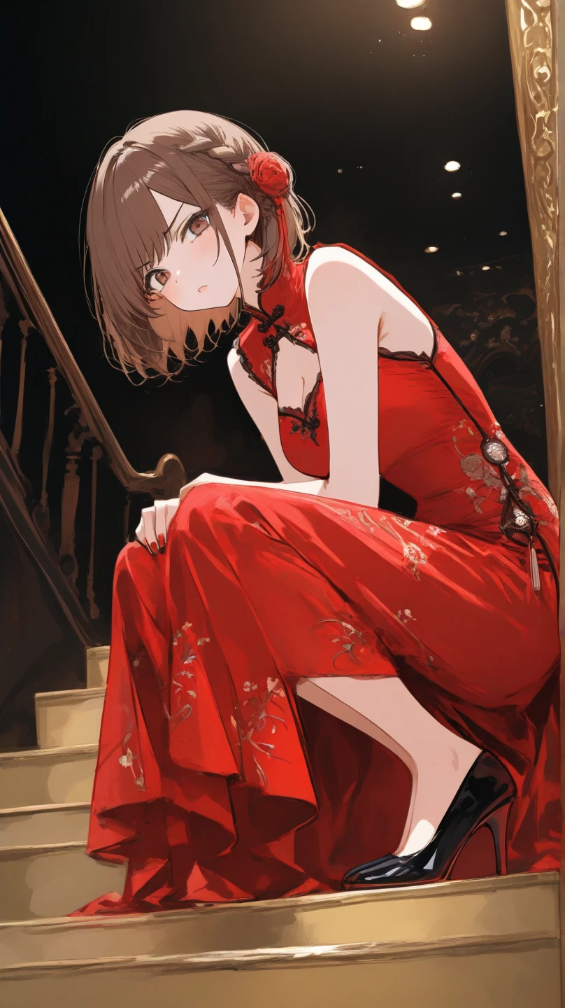 1boy, otoko no ko, male focus, solo, masterpiece, best quality, illustration, absurdres, cute, film_grain, extremely detailed face, perfect lighting, cowboy shot, <lora:hideyoshi_kinoshita:0.7>, hideyoshi_kinoshita, brown hair, green eyes, hair ornament, hairclip, hair between eyes, flat chest, see-through, china dress, chinese clothes, crossdressing, red china dress,