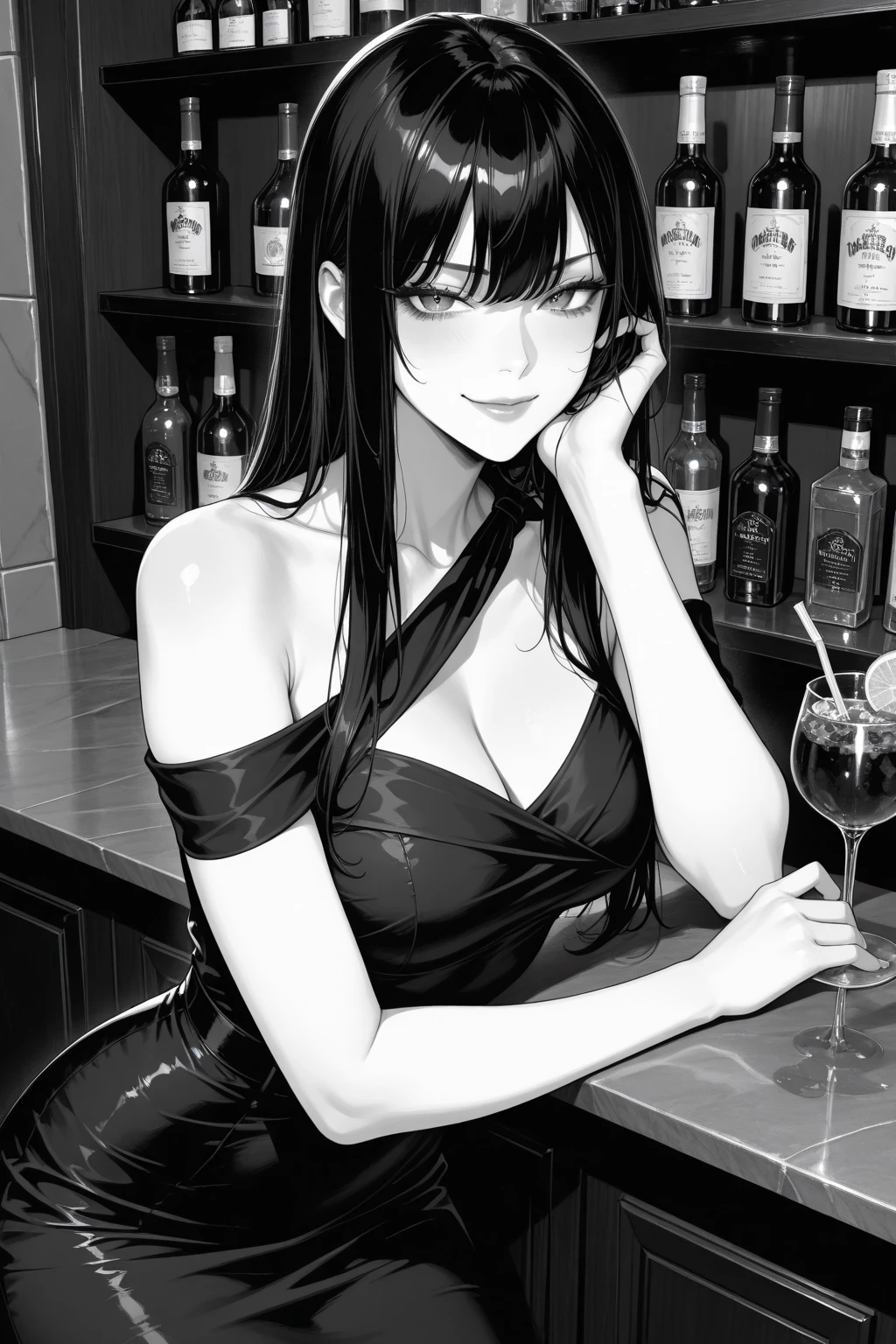In a one piece manga panel generate a female character with black hair, light skin and brown eyes in a bar