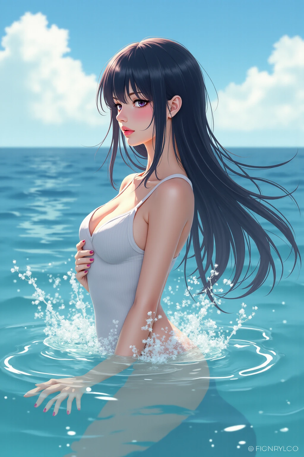 A sexy woman in a swimsuit, long black hair, anime style, seaside daytime scene, detailed face, beautiful eyes and lips, high quality, photorealistic, masterpiece, ultra-detailed, vibrant colors, warm lighting, cinematic composition 18+