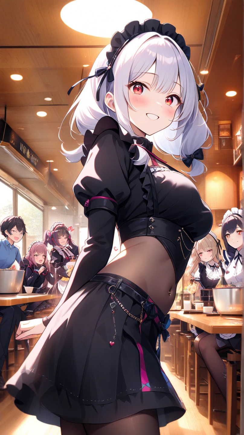 Boob Tray、One Woman、beautiful girl、waitress、20-year-old、Side Ponytail、restaurant、waitressの制服、Short skirt、Black Pantyhose、Holding the tray、Highest quality, smile,, Big Ass、Big Breasts、Very big 、Place your breasts on the tray、 sink into the tray、Empty tray、Place breasts on the tray、おっぱいの下にHolding the tray、Bury your breasts in the tray
