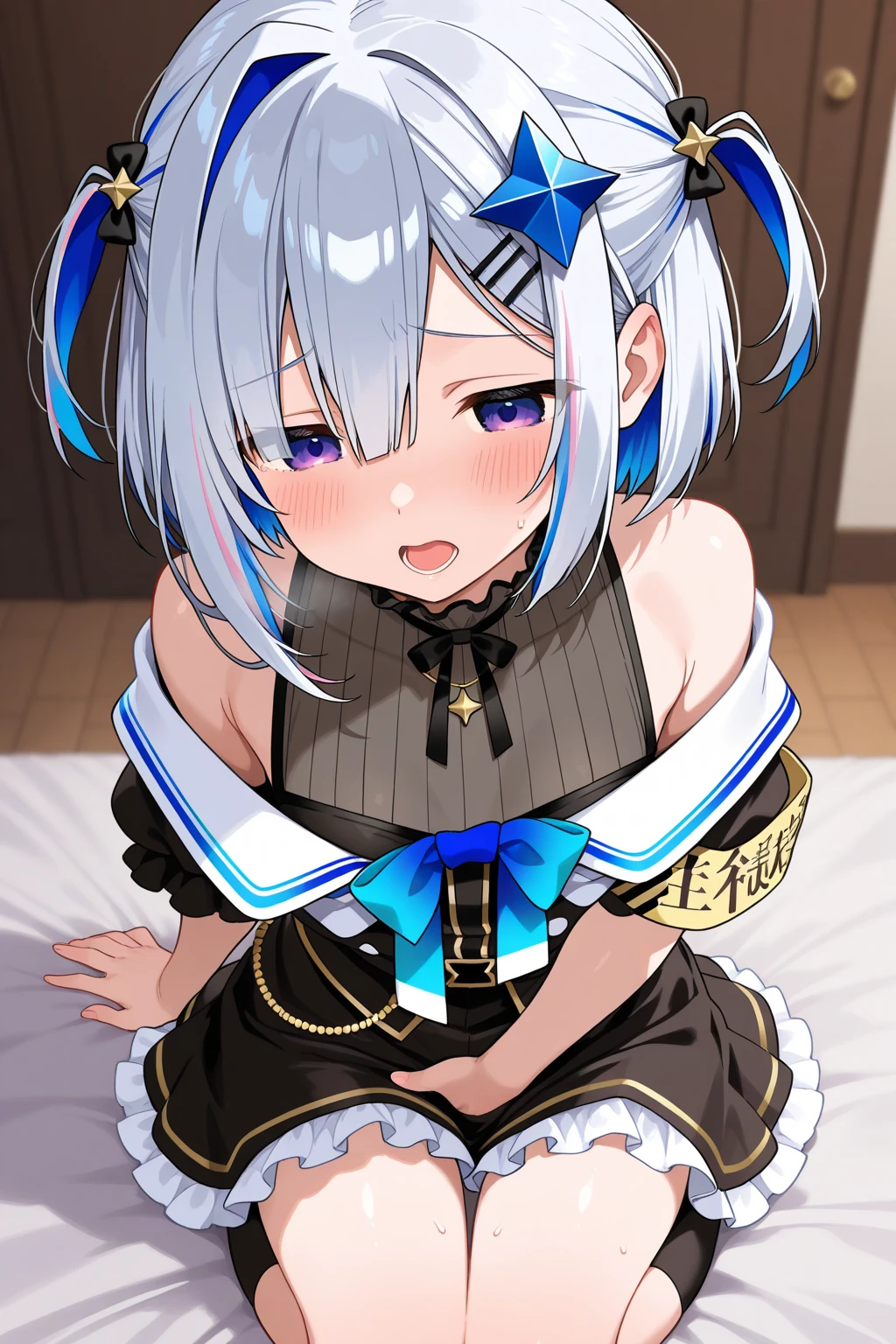 ((masterpiece, best quality)), high resolution,ultra detailed,8k,16k,detailed background, perfect lighting,detailed beautiful eyes,1girl,nsfw,embarrassed,blush,look at viewer,steam,sweat,aroused,seductive eye,(from above,from front:1.2), (pov:1.3),face focus,fisheye lens,1boy,1penis,(oralsex),(deep fellatio:1.4),(deepthroat:1.3),:>=,(penis in mouth),hetero,plana,white hair,long hair,black hairband,white ribbon,braid,fair skin,(flat chest),(short body,slender,short stature,narrow sholders,7years old,over size head:1.1),class room,black sailor,half closed eyes