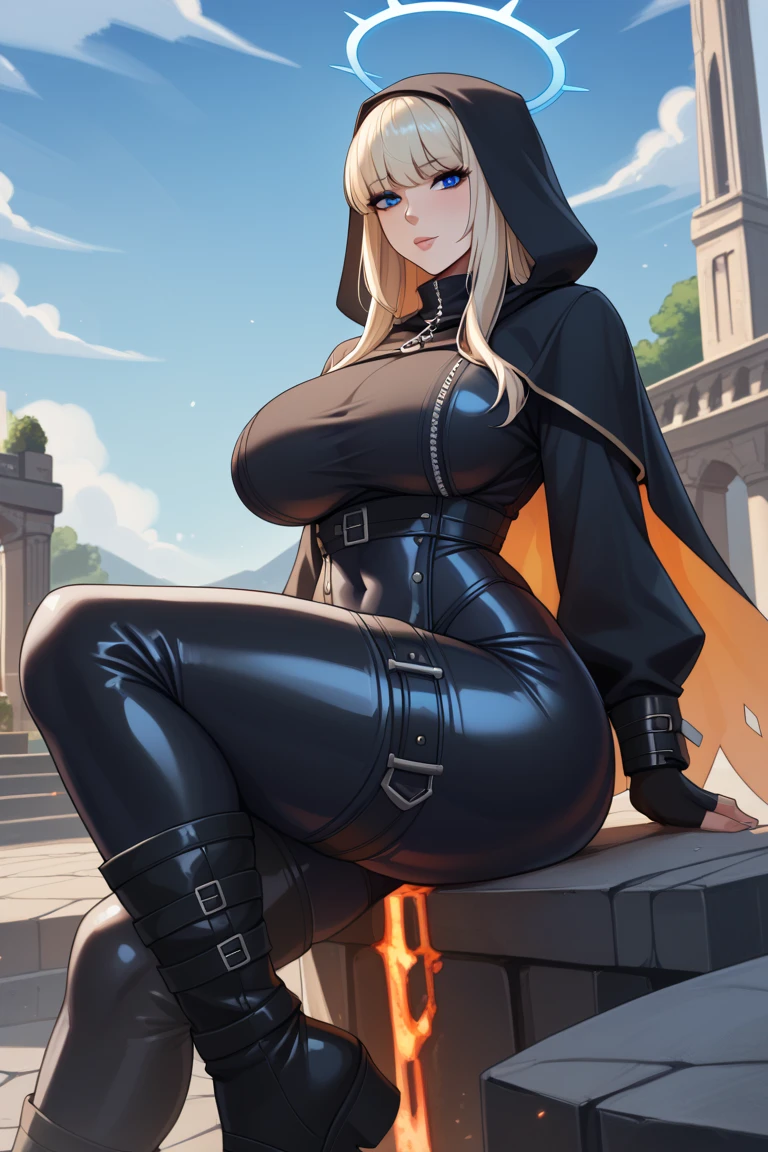 Curvy Woman, big breasts, hips, (hoodie mini dress zip), hooded, steampunk armor, in darkness catacombs, strong stance, blue purple lights, shadow light