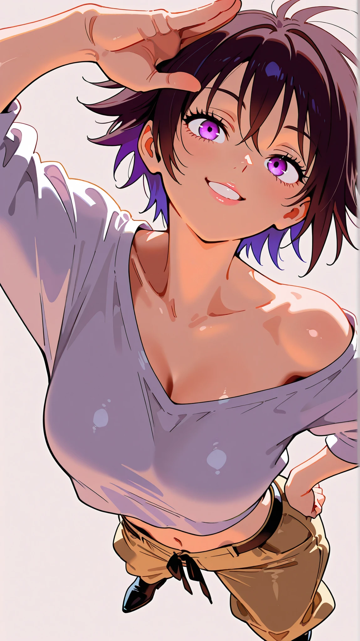 smile、((Mash Kyrielight))、下品なsmile、ahegao、Ultra-detailed illustrations、Ultra-precise expression、masterpiece、Highest quality、ultra High resolution、High resolution、Hiromitsu Takeda Style、White background、Simple Background、One girl、soght purple hair,short hair,hair over one eyes、White camisole、White dress、Open your mouth、????? nipples、Choker of Hearts、White Breath、Sweat、Glowing Skin、shiny skin、Front angle、View your viewers、stand、