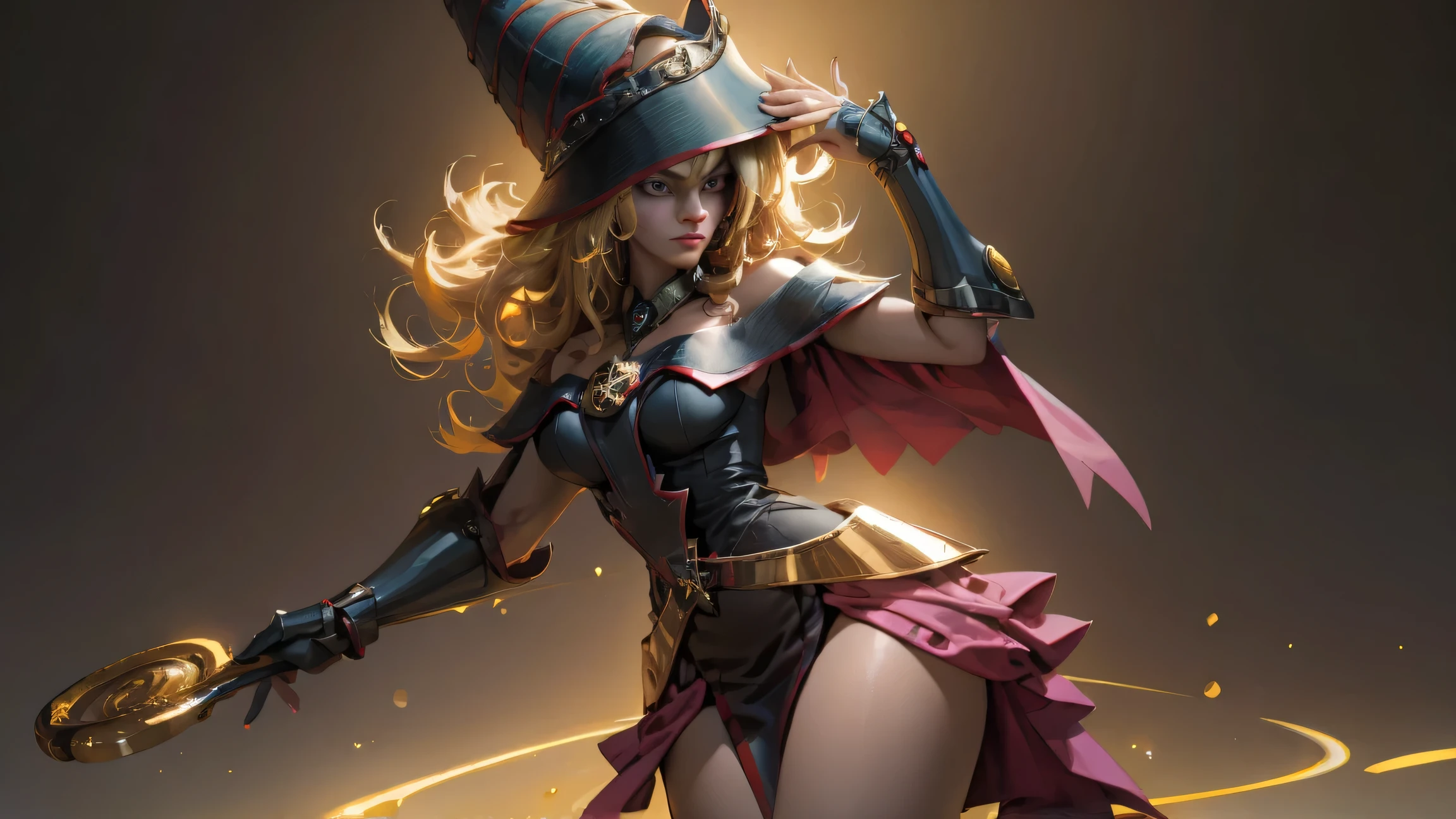 (Obra maestra:1.2), (La mejor calidad:1.2), perfect lighting, Chica Maga Oscura lanzando un hechizo, En sus veinte, flotando en el aire, tetas grandes, escote, bata azul, sombrero grande, desde arriba, Destellos, Yugioh juego, magic of the heart. luces del corazon, Romantic heart
