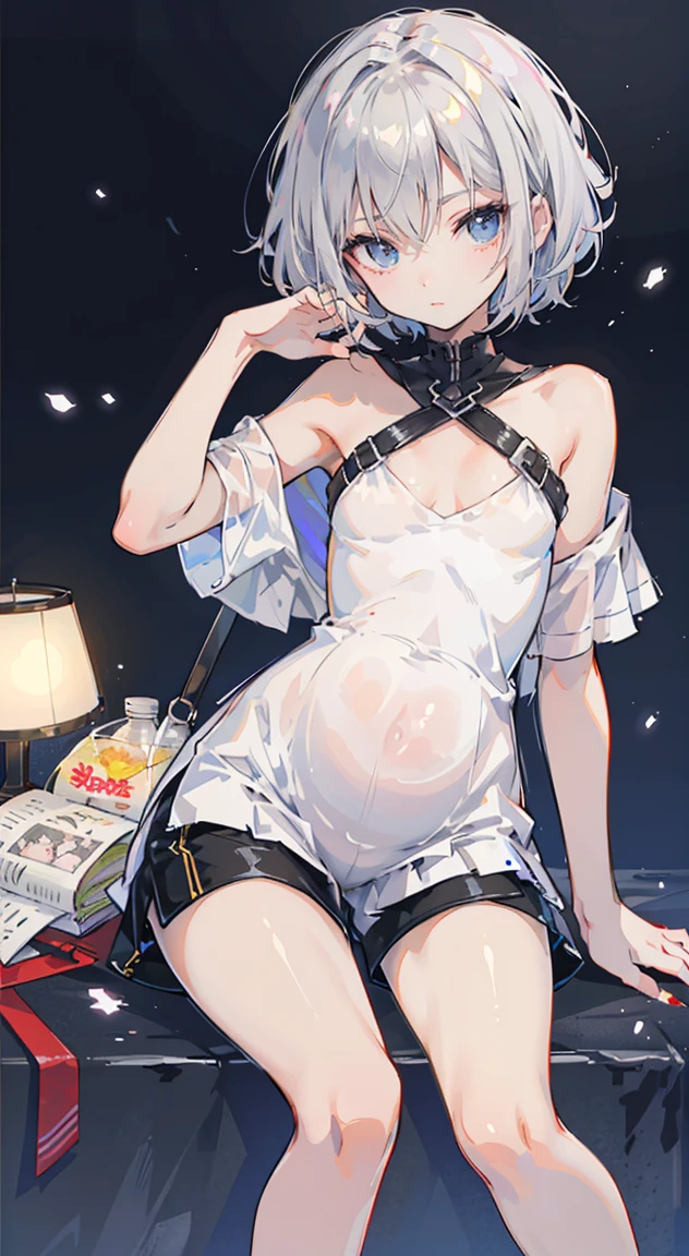 ((((masterpiece, best quality, high resolution)))), (1girl:1.5), ((short hair, white hair, red eyes, earrings, choker)), (medium breasts:1.2), blush, (light smile, parted lips), glow, thighs, bare shoulders, collarbone, narrow waist, (slender body figure), cleavage, (beautiful detailed face, beautiful detailed eyes), ((naked, white pubic hair)), (standing up), looking at viewer, nighttime, beach