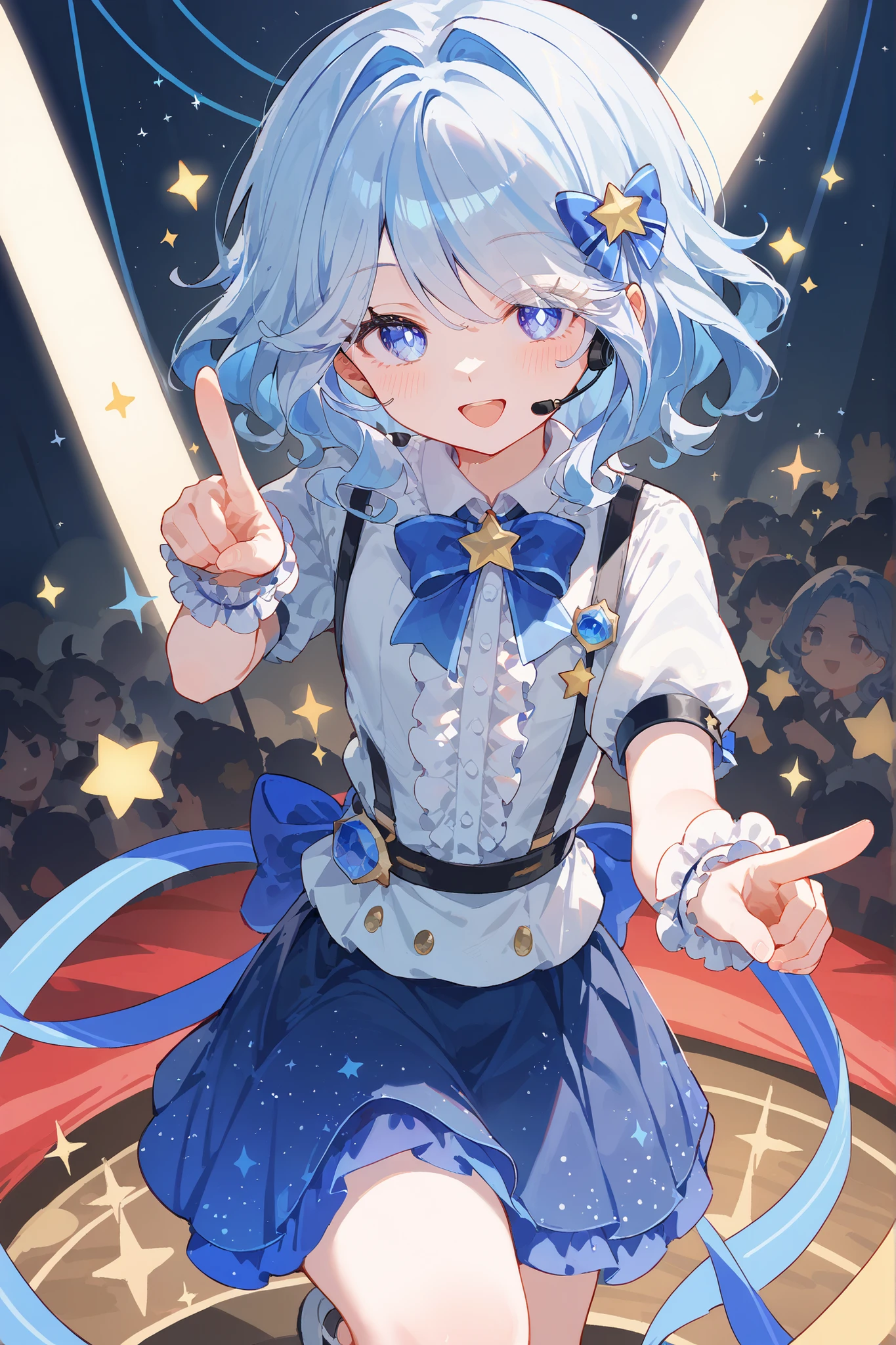 (score_9,score_8_up,score_7_up),1girl, blue eyes,solo blue_hair, solo, blue_eyes, star_(symbol), smile, looking_at_viewer, open_mouth, skirt, short_sleeves, stage, idol, headset, hand_on_hip, bow, pointing, index_finger_raised, blue_skirt, stage_lights, wrist_cuffs, ribbon, blush, hair_ornament, hair_ribbon, asymmetrical_hair, frills, medium_hair, good feet,eyes visible through hair,parted lips,anime,NSFW,expressive,very beautiful,moody lighting,ultra hd 32k,masterpiece,toes,cute face,