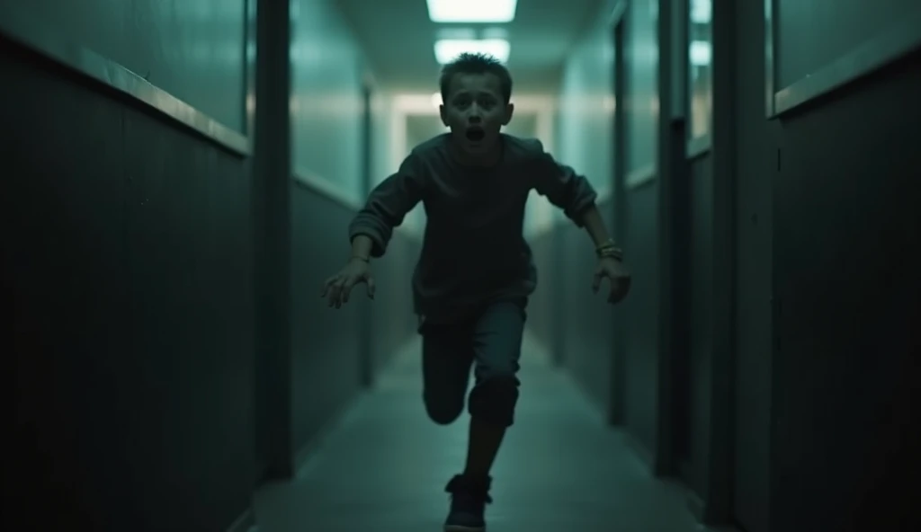 Boy running downside on stairs  with fear expression at night 