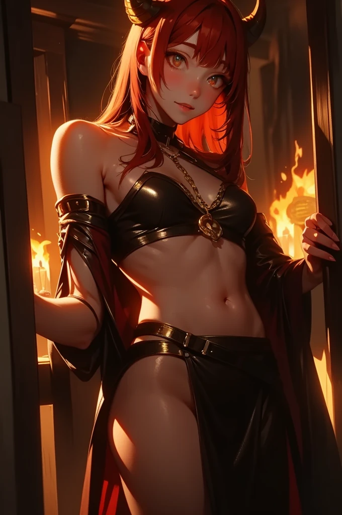 a beautiful redhead princess in a revealing dress, with a sexy gaze, showing her underwear, with red glowing eyes, detailed facial features, high quality, photorealistic, 8k, masterpiece, cinematic lighting, vibrant colors, dramatic composition