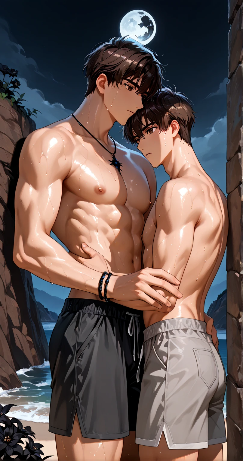 Two men with swollen muscles lie naked and intertwined in the water,Sweating profusely,The pectorals and abdominal muscles are ravaged and squeezed and connected to each other,The muscles of two people are closely connected,Bump into each other