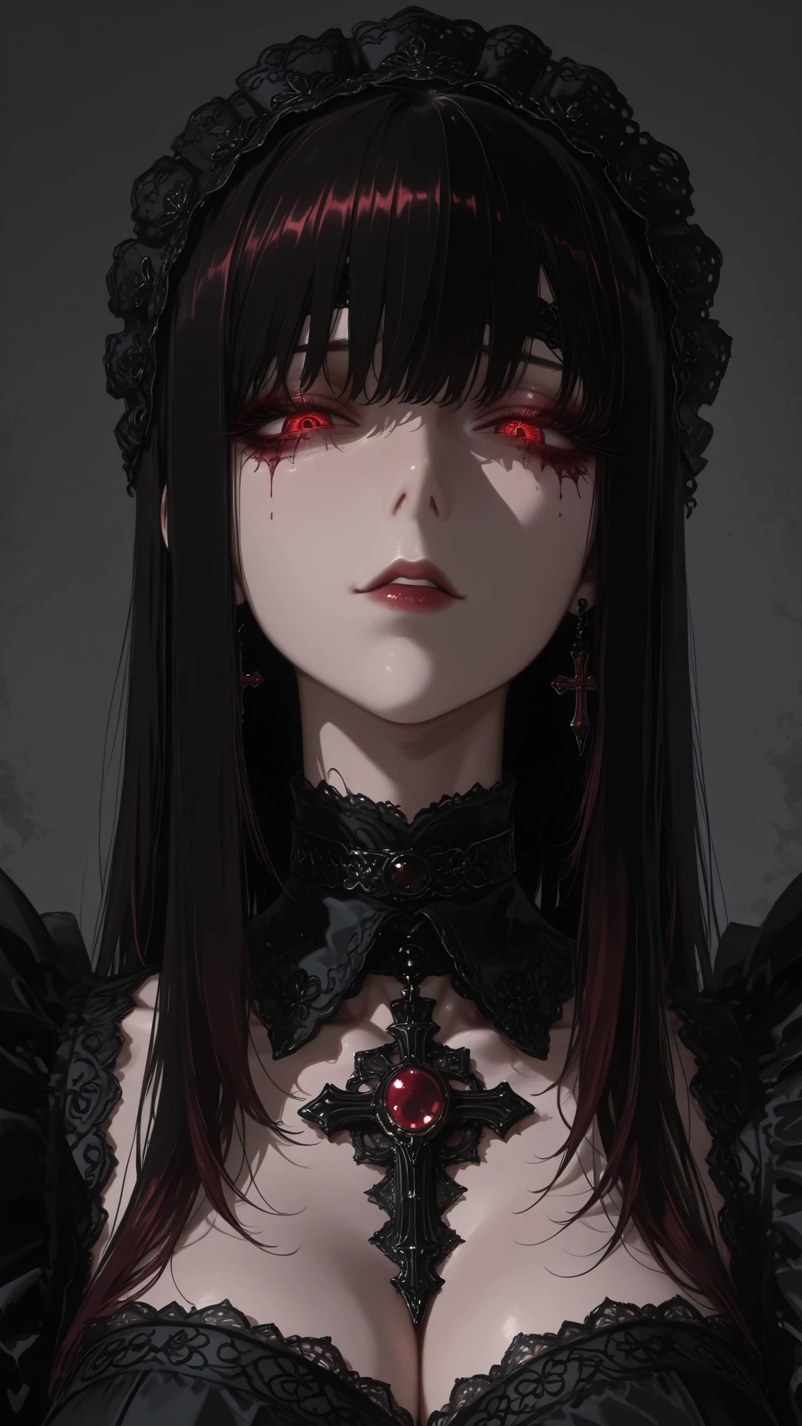 ultra high definition, perfect quality, Fine Details, 1girl, mature maid, noble and cool expression{1.3}, slender phoenix eyes slightly narrowed, Dark red eye makeup, long black straight hair, Elegant headband, goth lace maid headdress{1.2}, Deep V Neckline Design , black lace trim maid outfit, dark pattern embroidery decoration, silver cross brooch, Choker collar, mature and charming temperament, disdain, Perfect makeup, dark lighting, Premium gray background