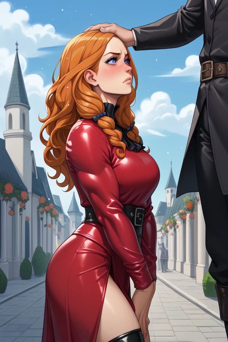 ((best quality)), ((highly detailed)), masterpiece, absurdres, extremely detailed face, beautiful face, (detailed eyes, deep eyes), (1girl), cowboy shot, very wide shot, <lora:missSaraBellumPower_v10:1>, curly hair, wavy hair, long hair, orange hair, mole, mole on breast, medium breasts, hourglass figure, head out of frame, red lips, black choker, jewelry, red dress, collared dress, long sleeves, red pencil skirt, red garter straps, thighhighs, red stiletto heels, (outdoors, at a castle, midday), <lora:LoodnCroodv2:.8>