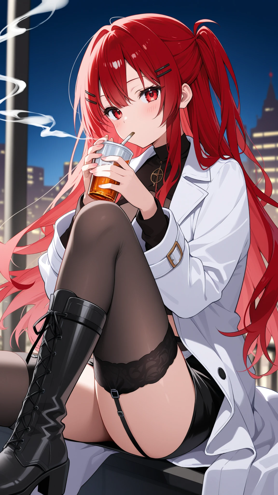 ((((Obra maestra, La mejor calidad, ultrahigh resolution)))), perfect anatomy, 1girl, long hair, red, orange eyes, bunny suit, blue bunny suit, Sweating, medium breast, navel, cameltoes, black stockings, fishnets, looking at viewer