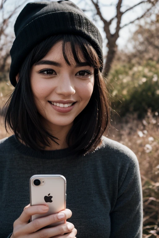 person with funny features with hat big eyes white teeth with a smile on the face