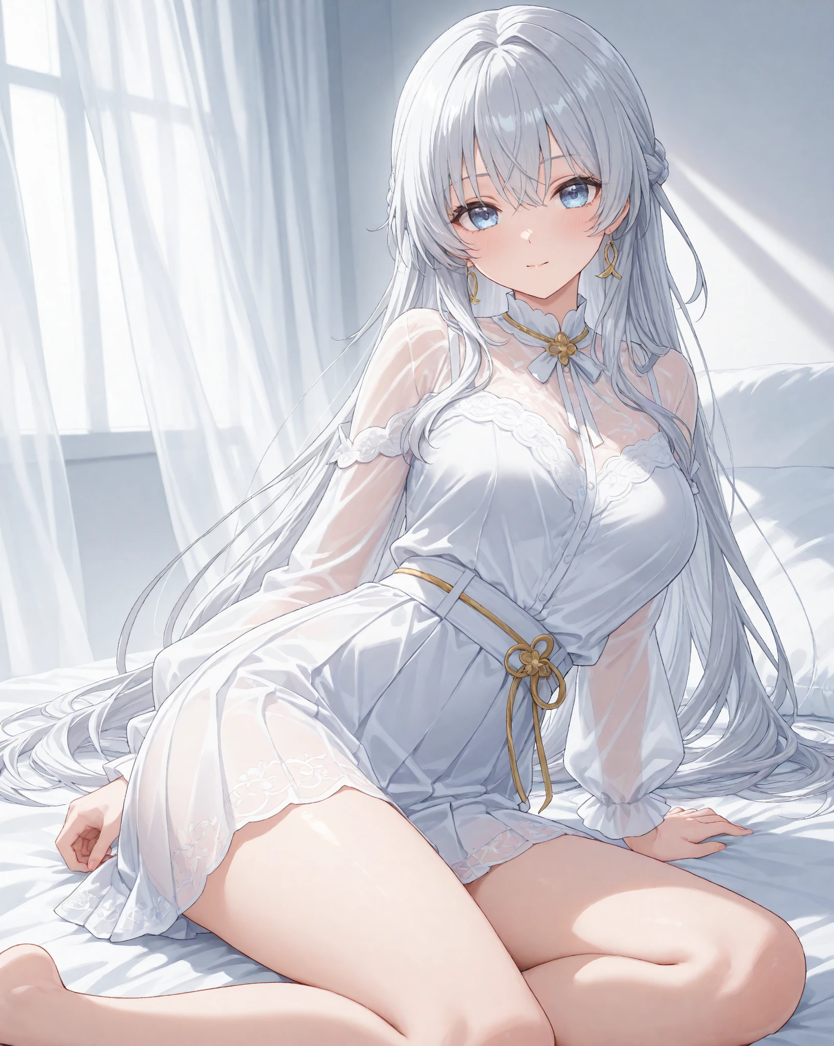 detailed, dense, masterpiece, a girl, Beautiful big breasts, Wearing a white cardigan, Everlasting,Stand by the bed,There were blankets, white hair, 16 years old, Light滑的皮肤, 发Light的皮肤, 发Light的头发, clear eyes, 发Light的眼睛,blue eyes, pale pink lips, (The audience looks down: 0. 8) Smile, cheeks dyed red, very shy, open mouth, through bangs, white sleeves, white coat, a girl, soft skin,good understanding, 发Light的皮肤, Light, 丰富的Light, room Lighting, Simple gold necklace, Diamond necklace, white lace文胸, white lace, white lace内衣, high angle, low angle, (masterpiece: 1.0), (actual: 1.6), (soft focus: 1.5),Black,
